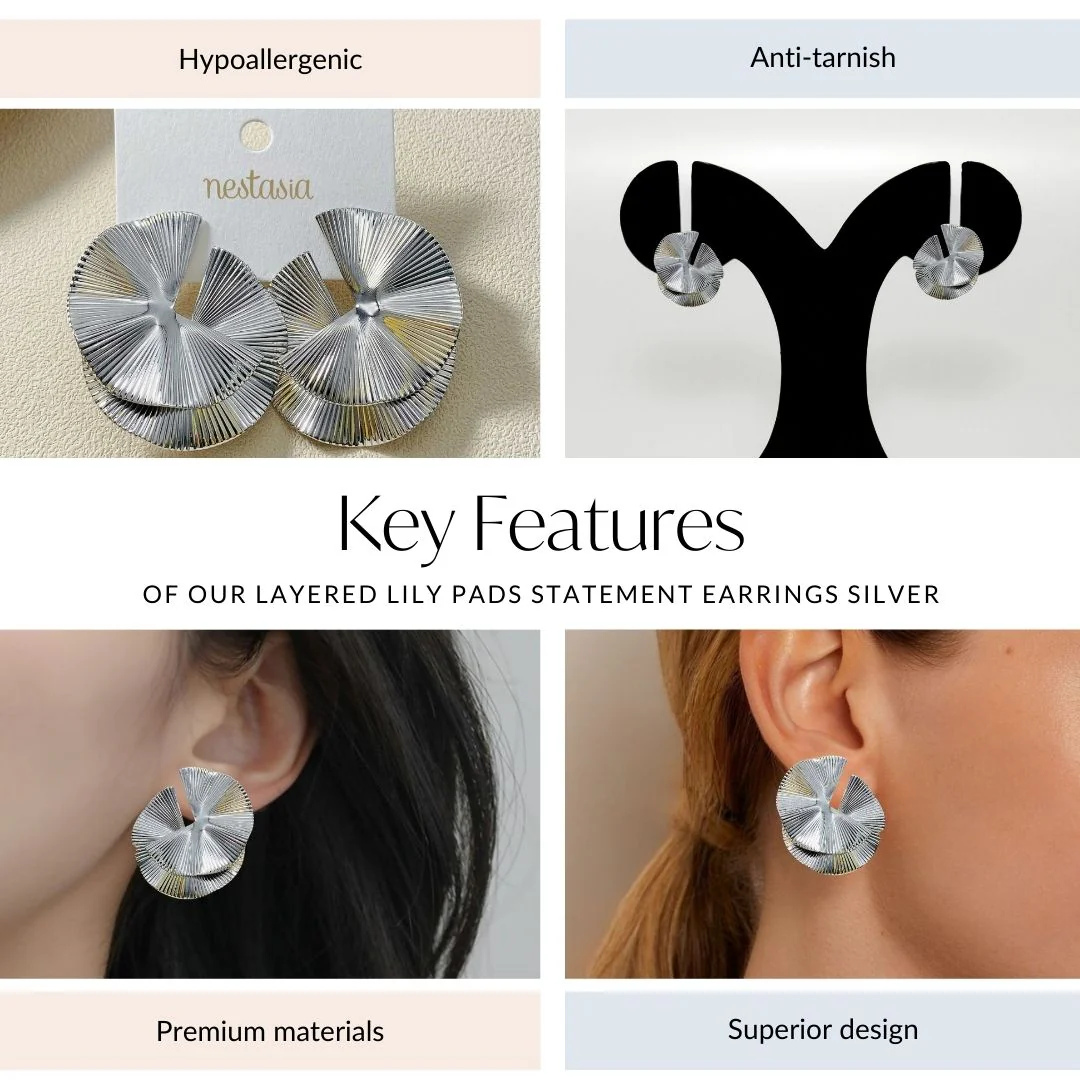 Layered Lily Pads Statement Earrings Silver - Image 4