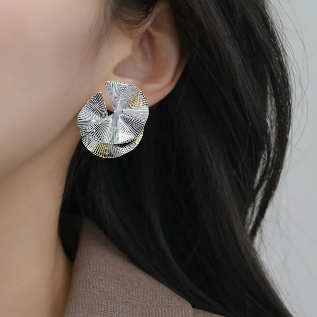 Layered Lily Pads Statement Earrings Silver - Image 5