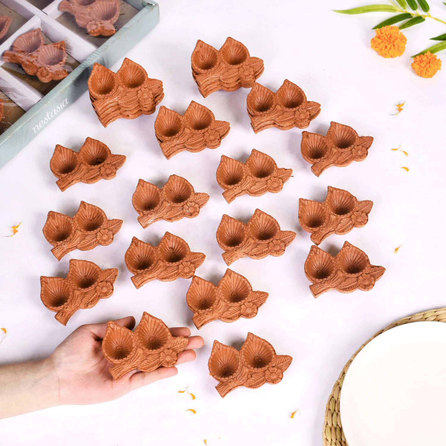 Leaf Shaped Double Slot Terracotta Diwali Diyas Set Of 48 - Image 2