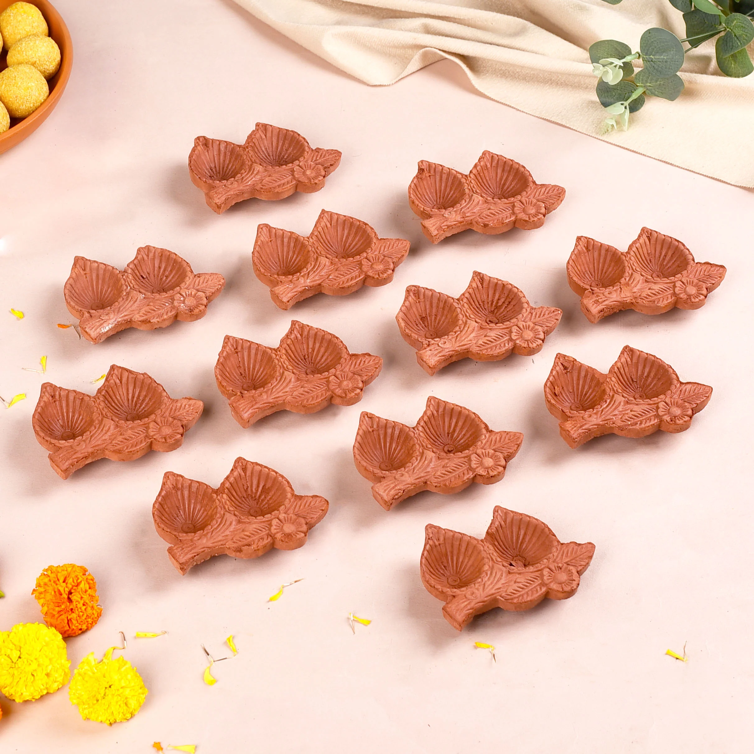 Leaf Shaped Double Slot Terracotta Diwali Diyas Set Of 48 - Image 7