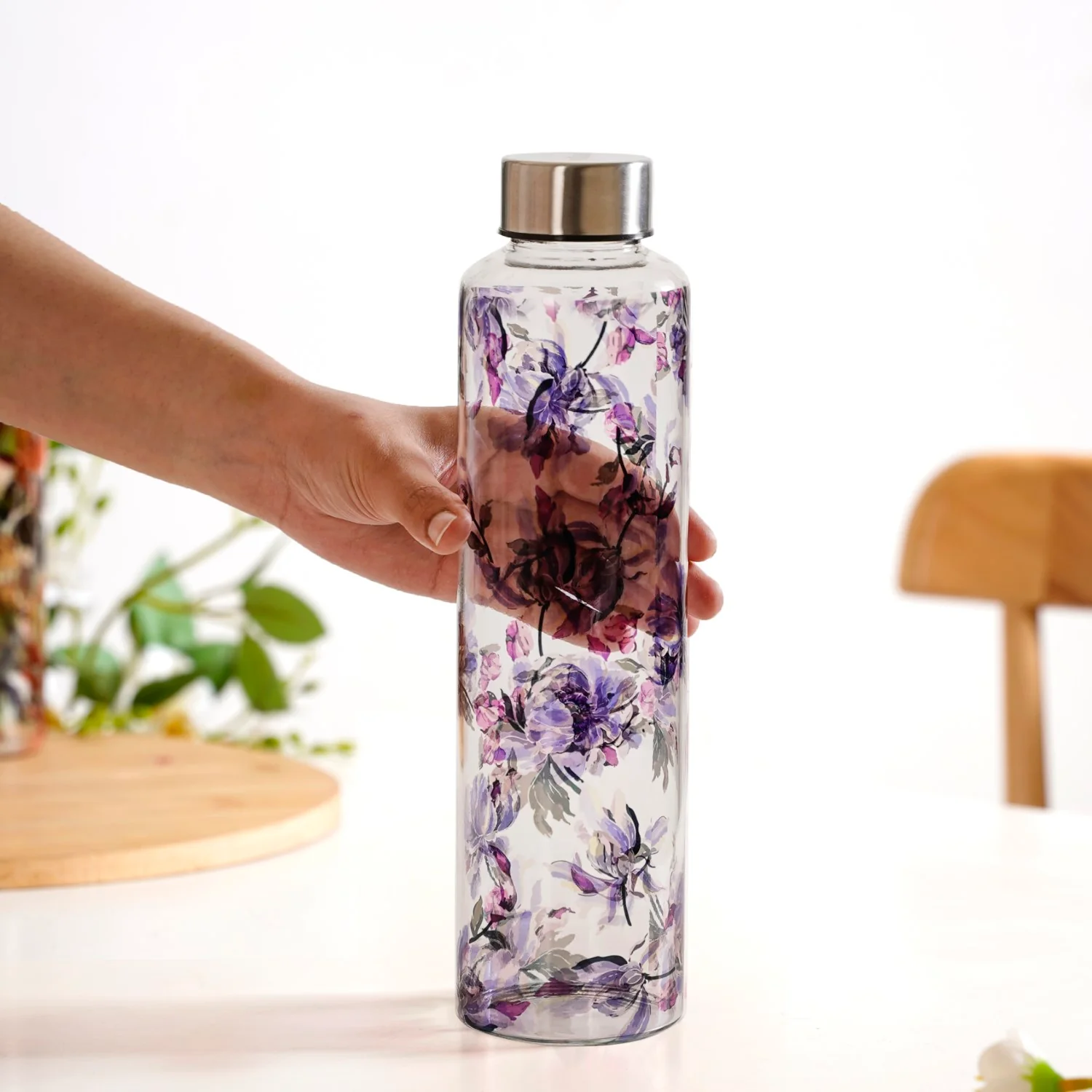Leakproof Floral Glass Water Bottle With Stainless Steel Lid 1000ml - Image 2