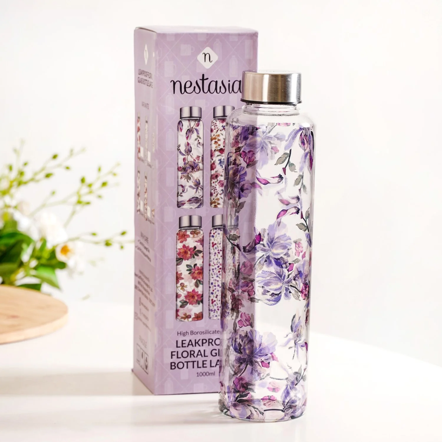 Leakproof Floral Glass Water Bottle With Stainless Steel Lid 1000ml - Image 3