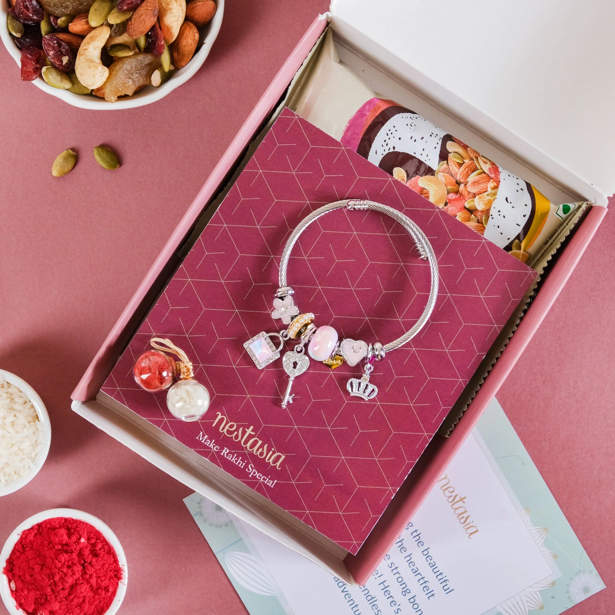 Lock And Key Charm Bracelet Rakhi Gift Set Of 3 With Box And Card - Image 6