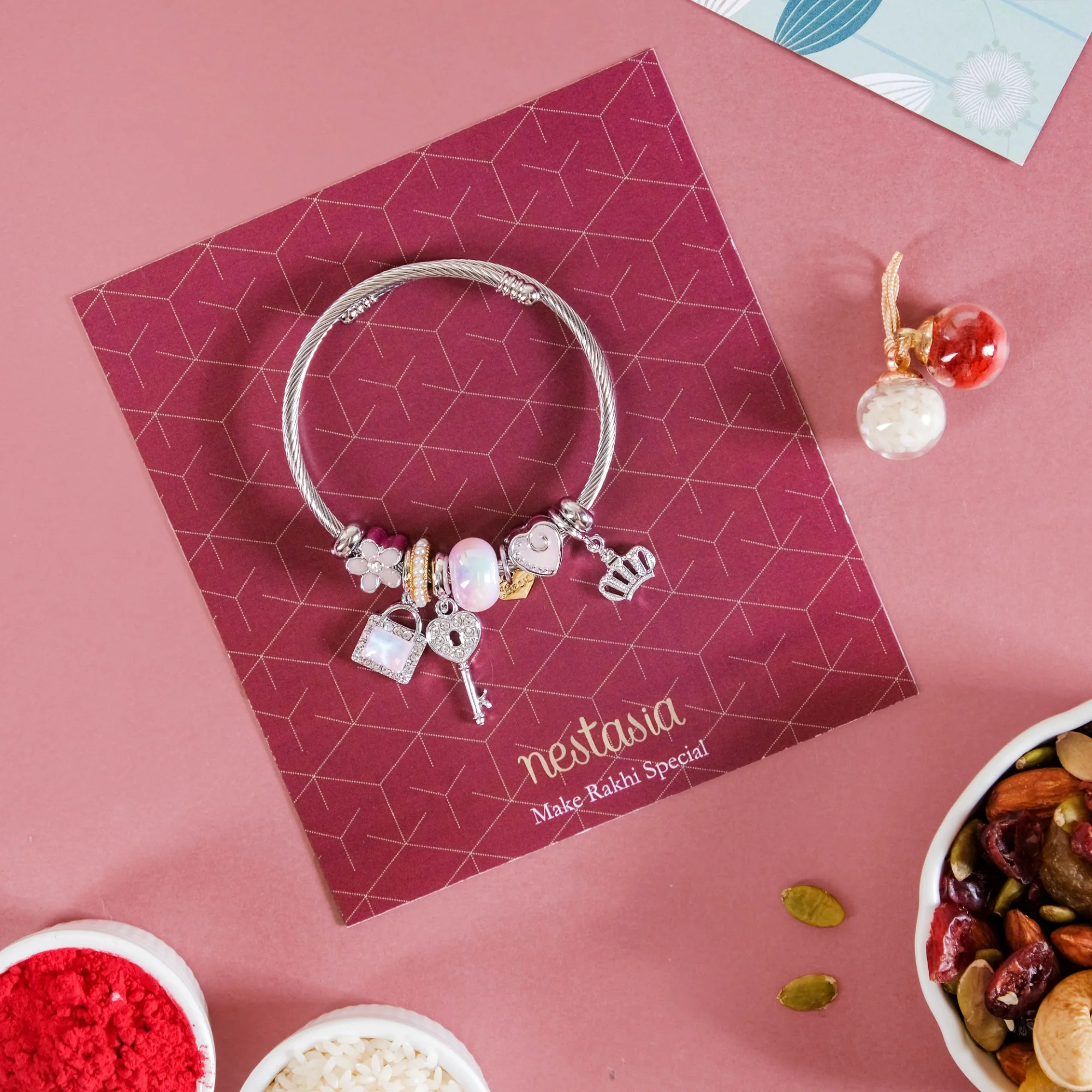 Lock And Key Charm Bracelet Rakhi Gift Set Of 3 With Box And Card - Image 8