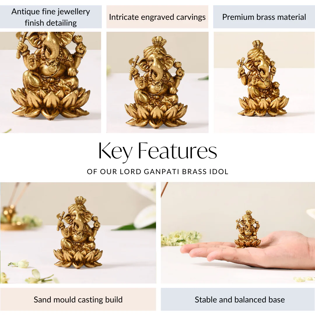 Lord Ganpati Brass Idol With Temple Jewellery Finish 5cm - Image 5