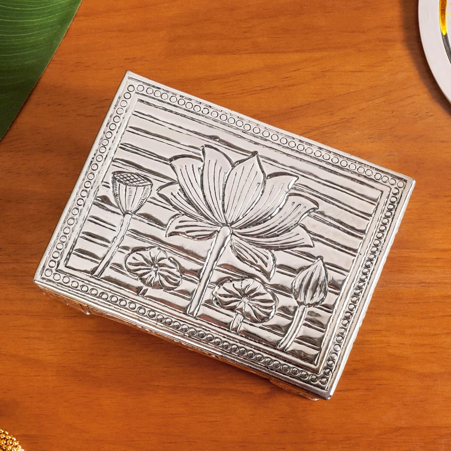 Lotus Design Pure Brass Puja Chowki With Silver Polish 20x15cm - Image 6