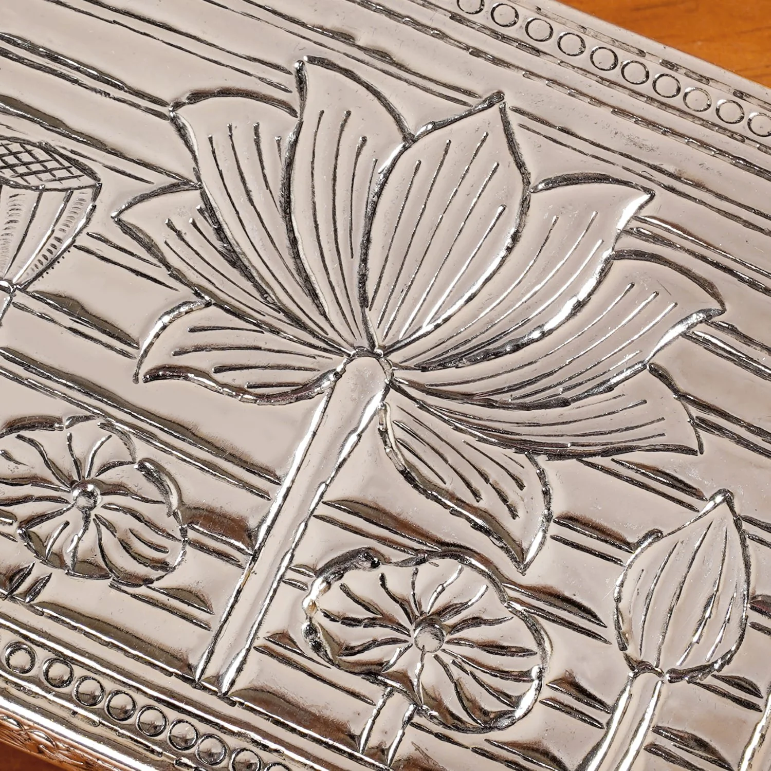 Lotus Design Pure Brass Puja Chowki With Silver Polish 20x15cm - Image 7