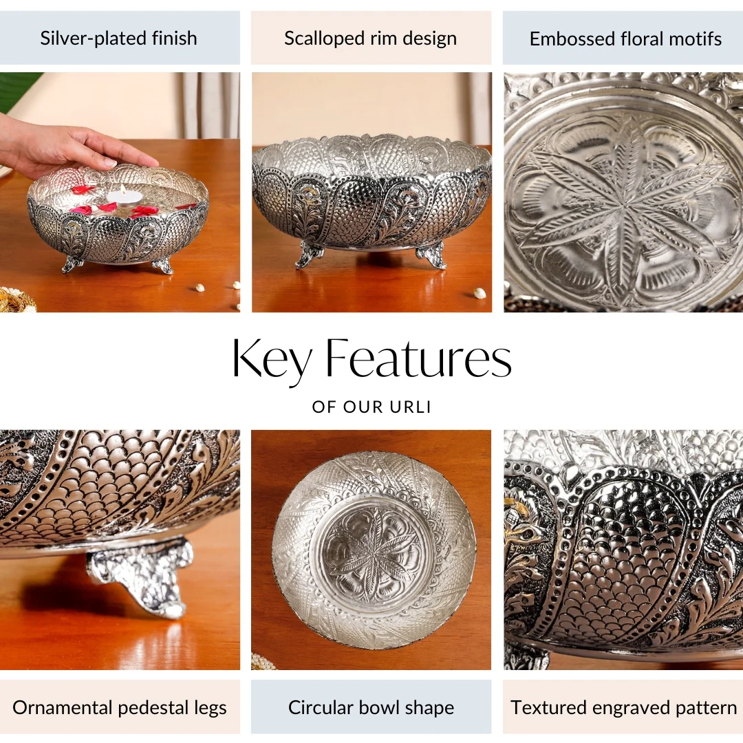 Lustre Brass Urli With Pure Silver Coating 18cm - Image 5