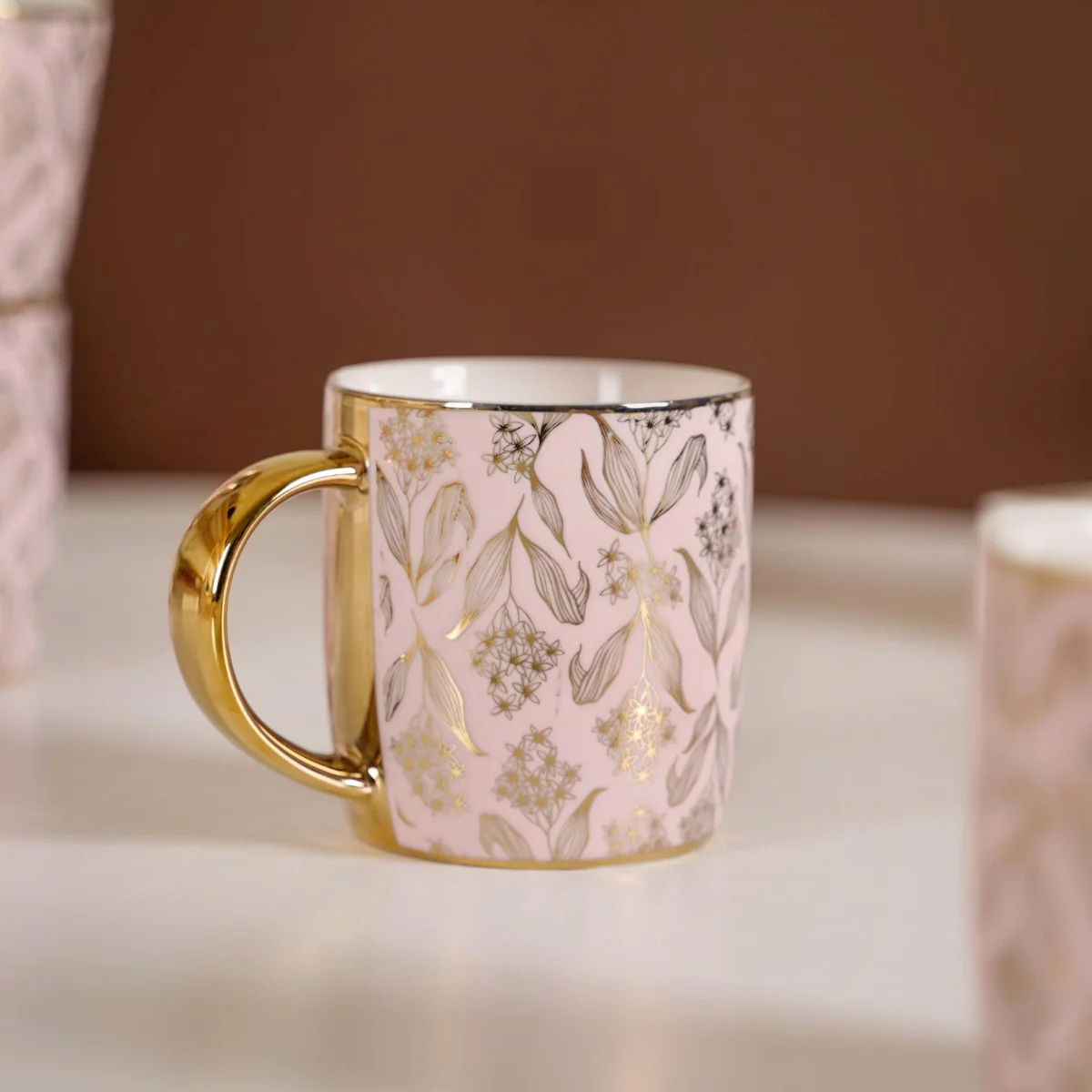 Luxe Ceramic Floral Teacup Set of 6 Pink Gold 350ml - Image 10