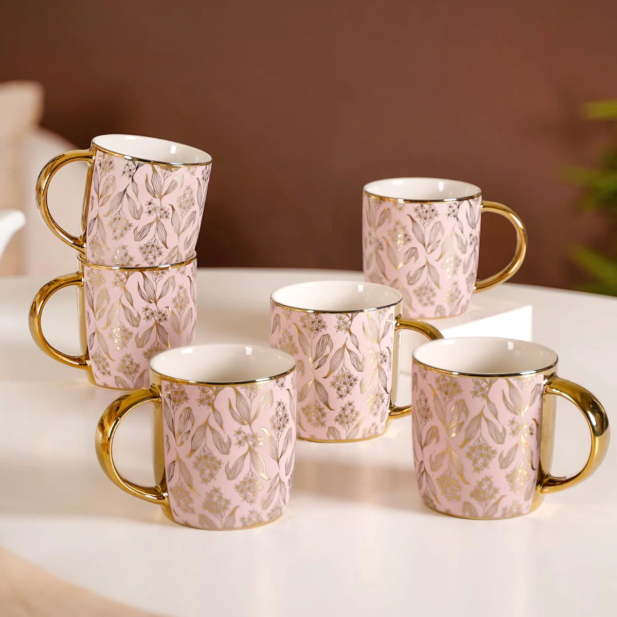 Luxe Ceramic Floral Teacup Set of 6 Pink Gold 350ml - Image 7