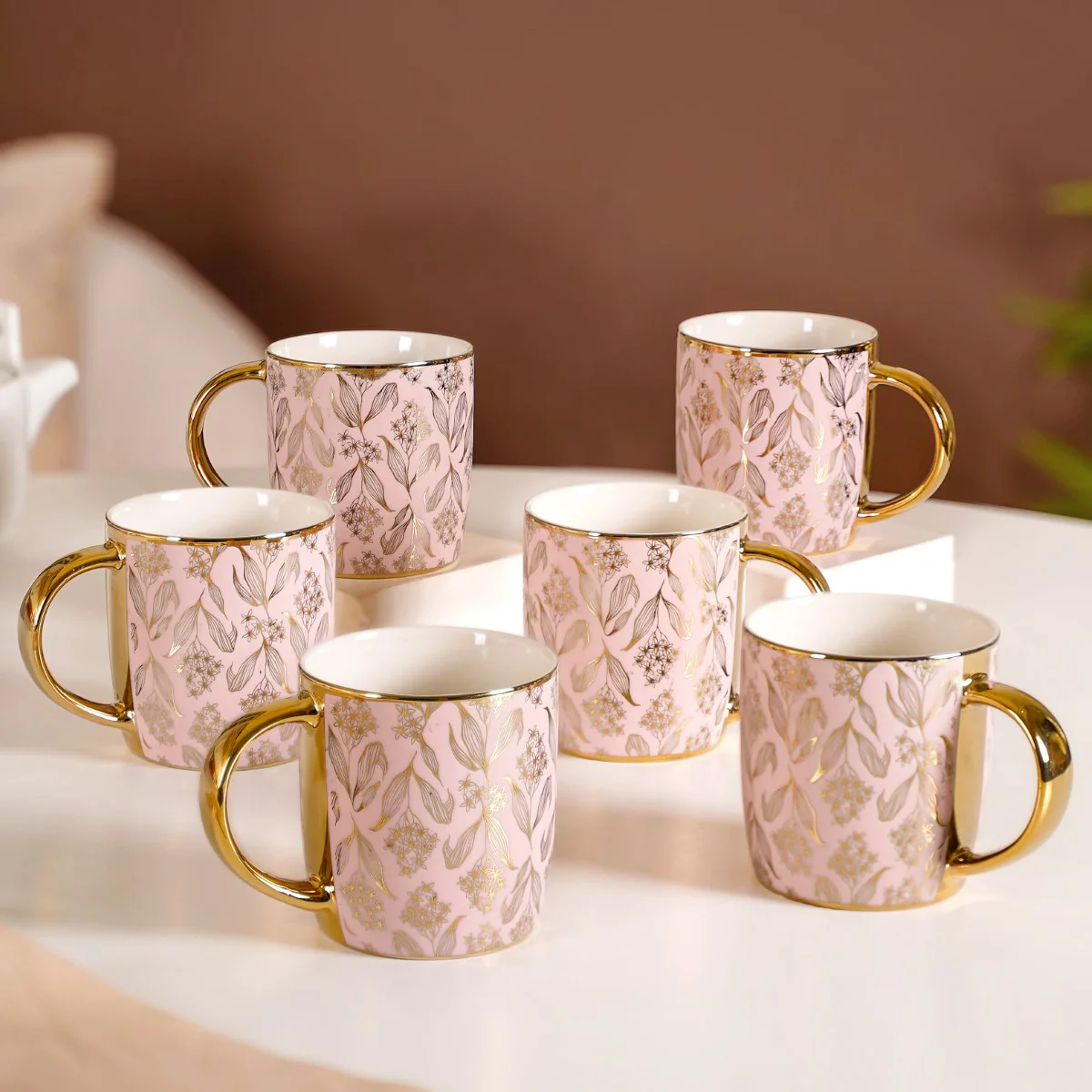 Luxe Ceramic Floral Teacup Set of 6 Pink Gold 350ml - Image 8