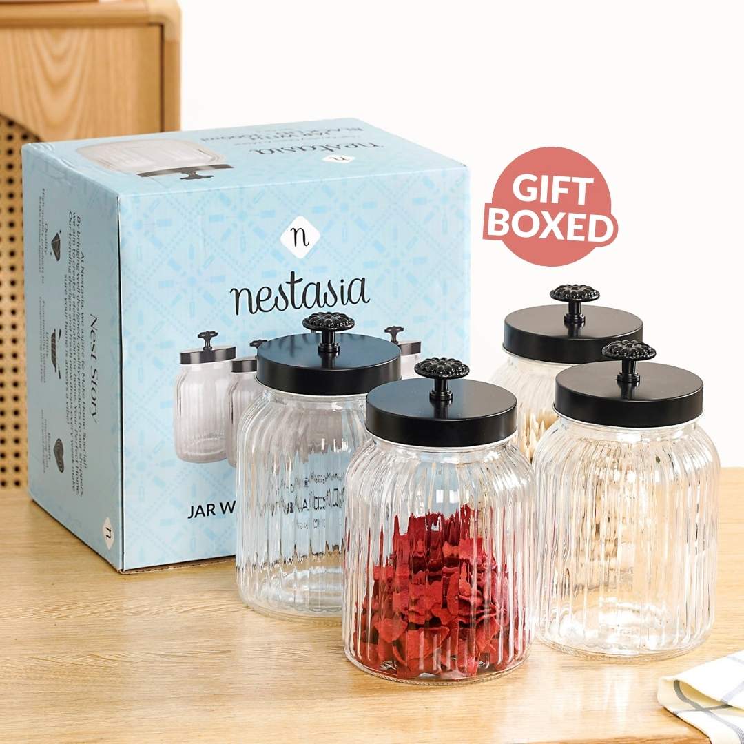 Luxe Fluted Jar With Flower Accent Lid Set Of 4 Matte Black 1000ml - Image 5