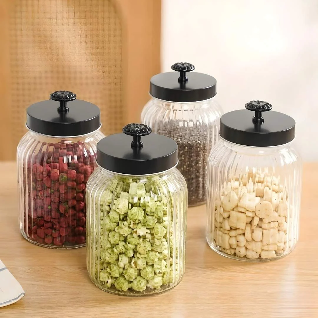 Luxe Fluted Jar With Flower Accent Lid Set Of 4 Matte Black 1000ml - Image 8