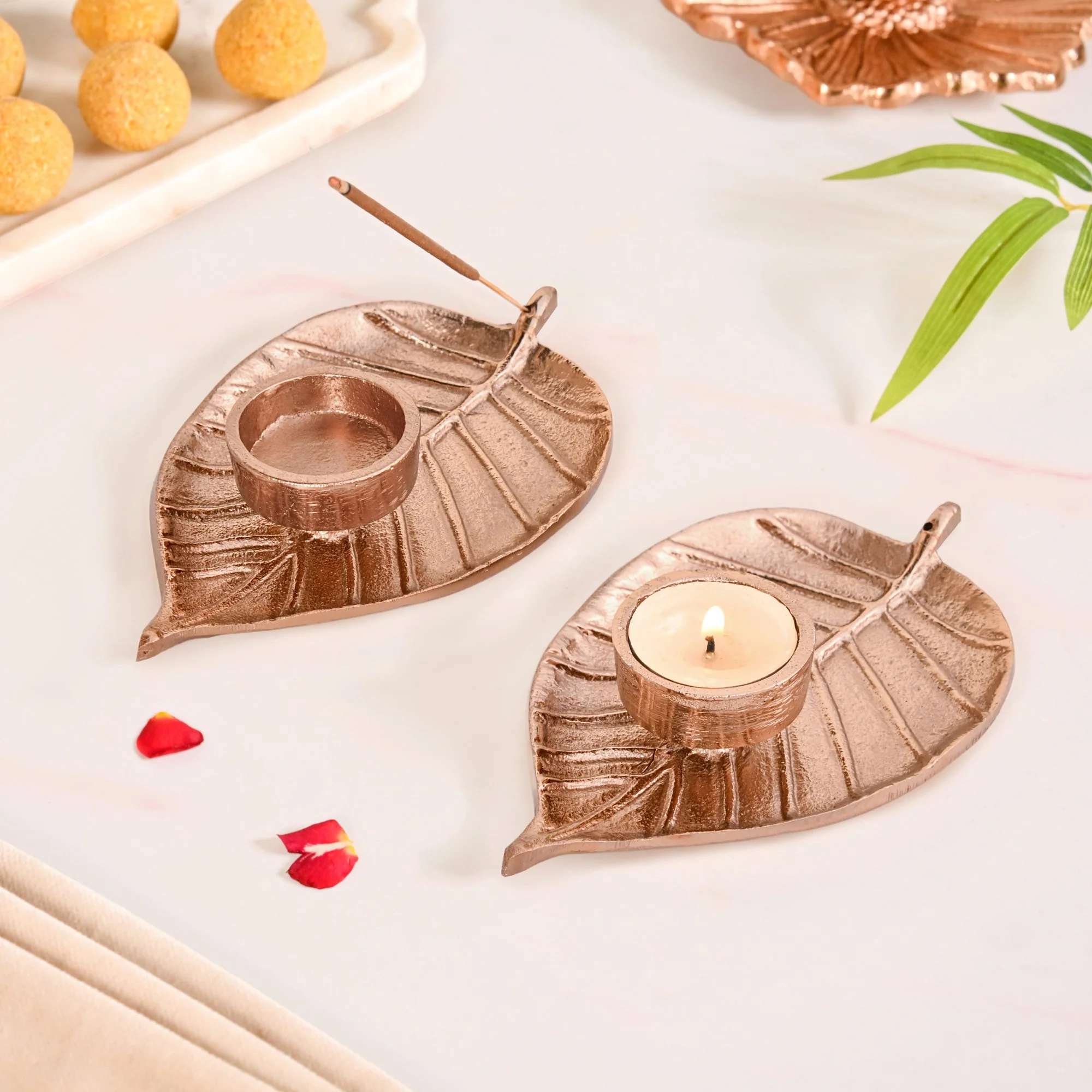 Luxe Metal Leaf Tealight And Incense Holder Set Of 2 In Festive Gift Box