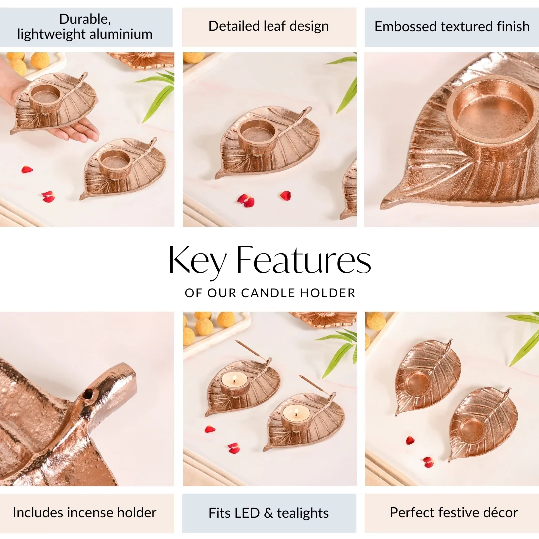 Luxe Metal Leaf Tealight And Incense Holder Set Of 2 In Festive Gift Box - Image 5