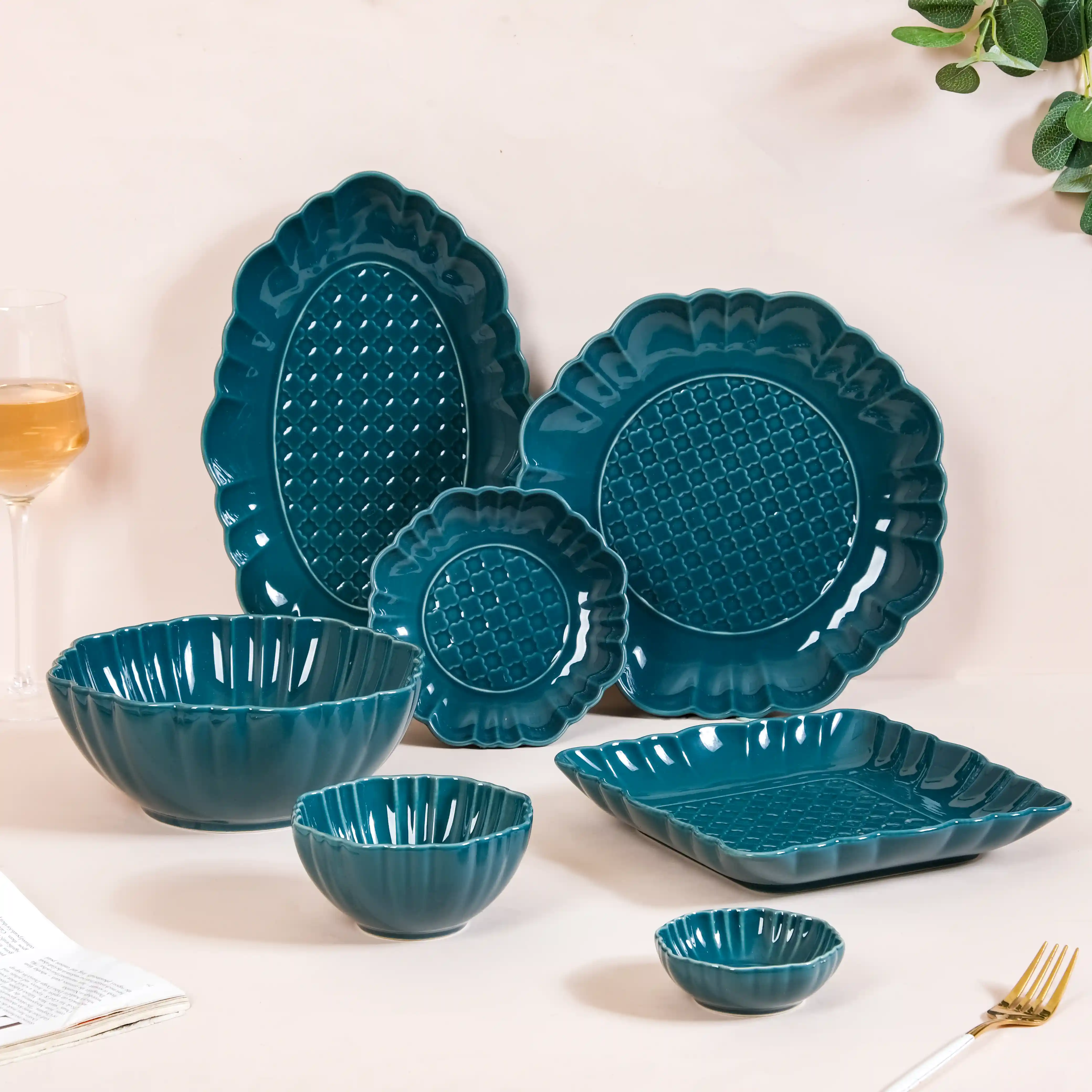 Luxe Moroccan 28-Piece Ceramic Dinnerware For 6 Dark Green - Image 3