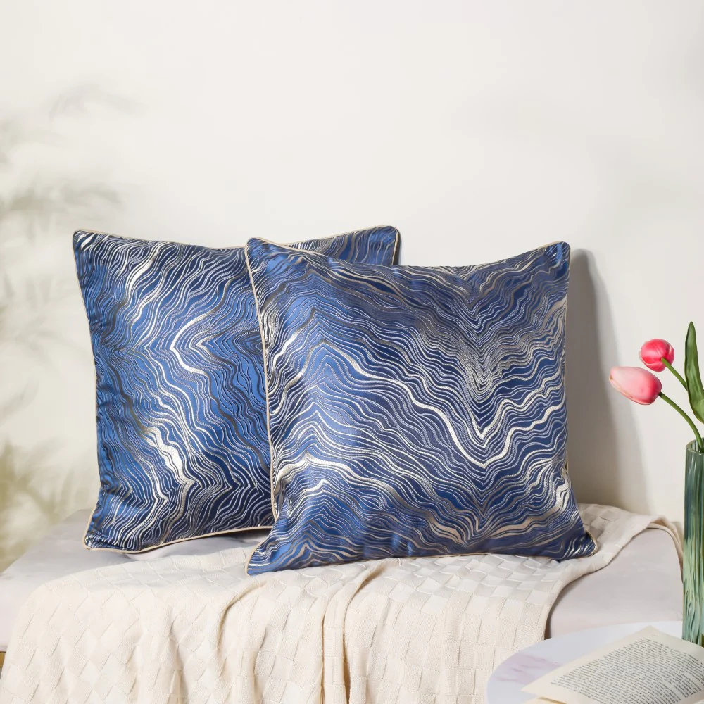 Luxury Embroidered Cushion Cover Blue Set of 2 17x17 Inch