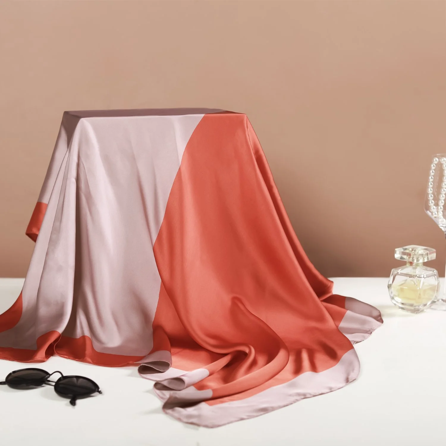 Luxury Red And Champagne Pink Silky Scarf for Women