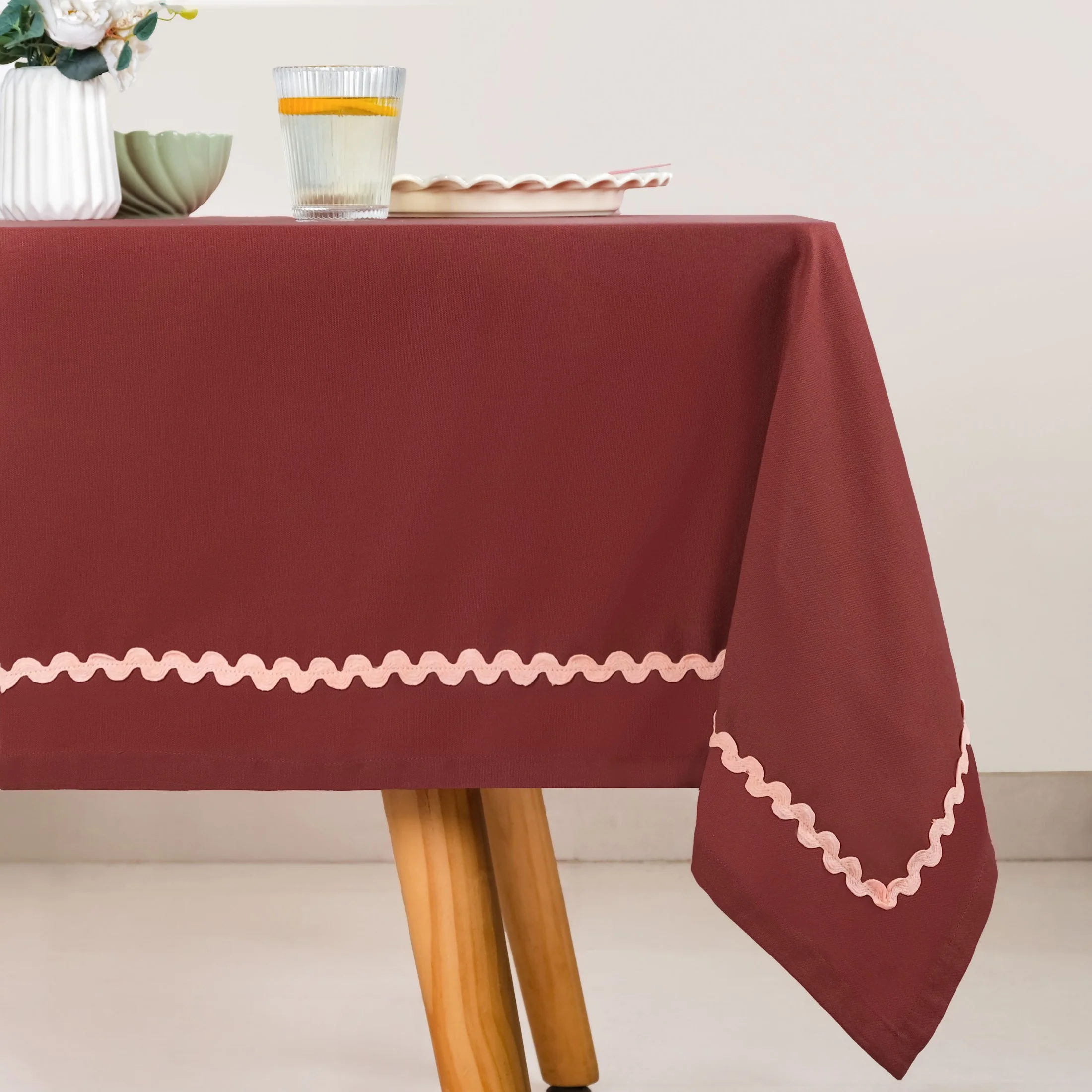 Madeline 6 Seater Cotton Tablecloth With Rick Rack Maroon 209x160cm - Image 7