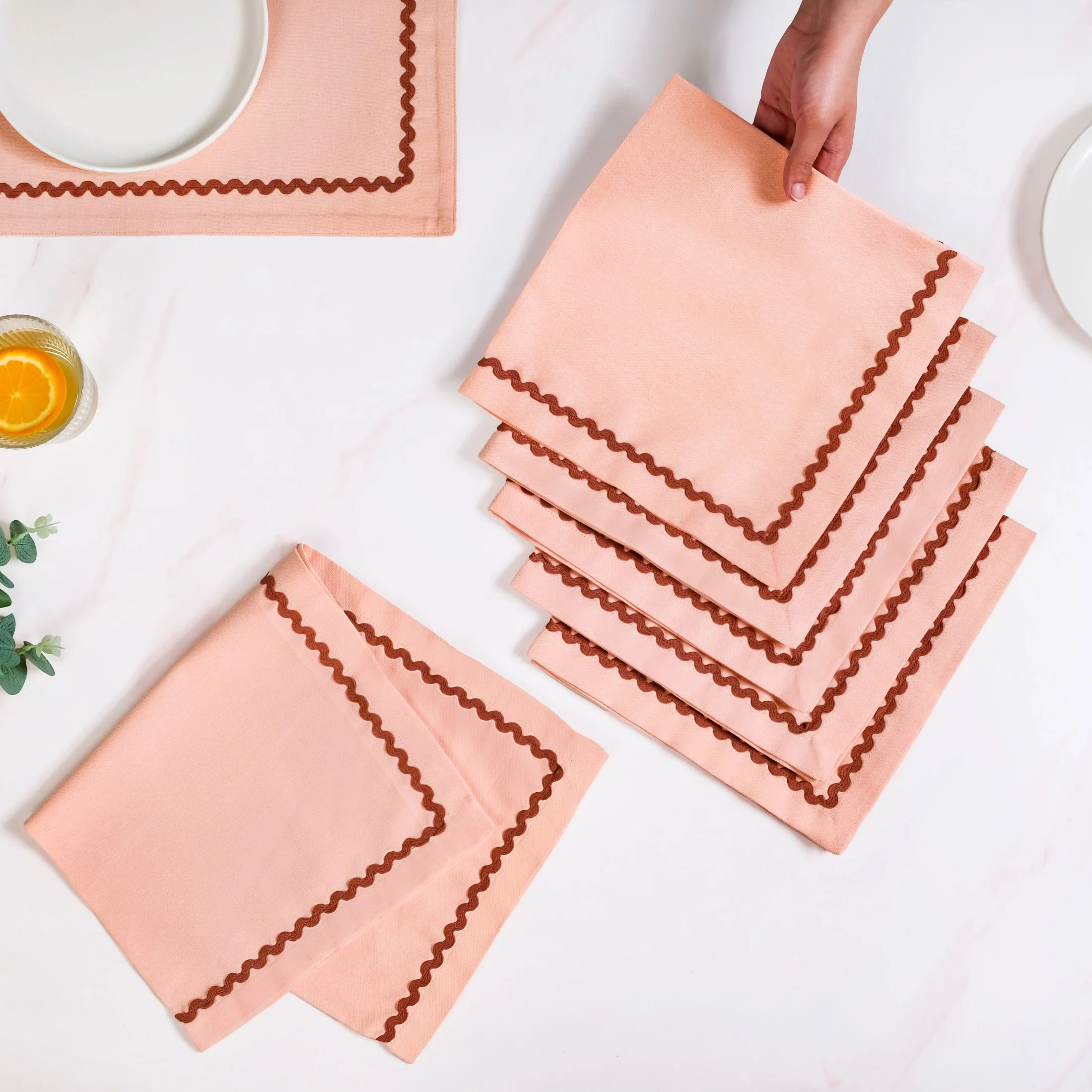 Madeline Peach Cotton Napkin Set Of 6 With Rick Rack - Image 2