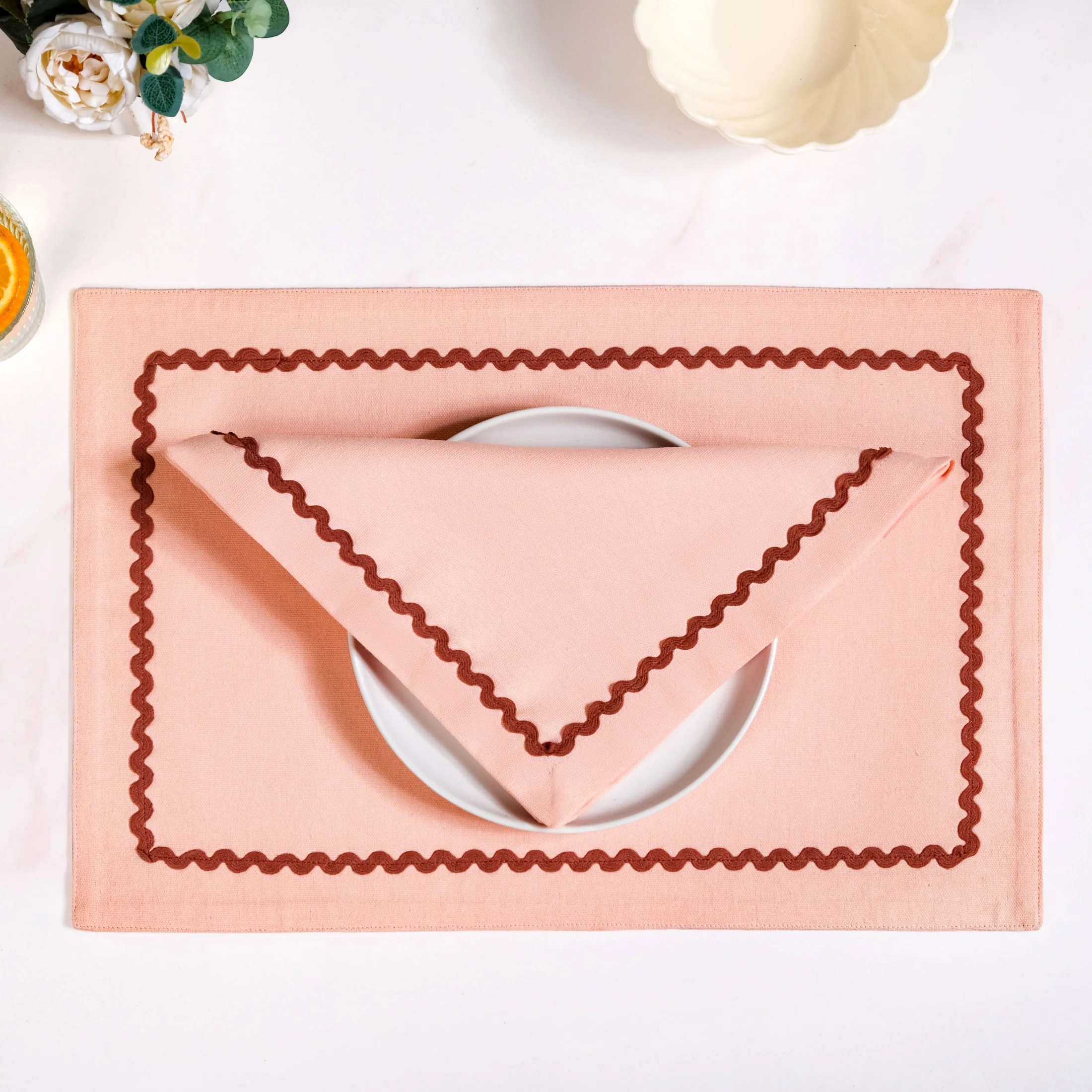 Madeline Peach Cotton Napkin Set Of 6 With Rick Rack - Image 8