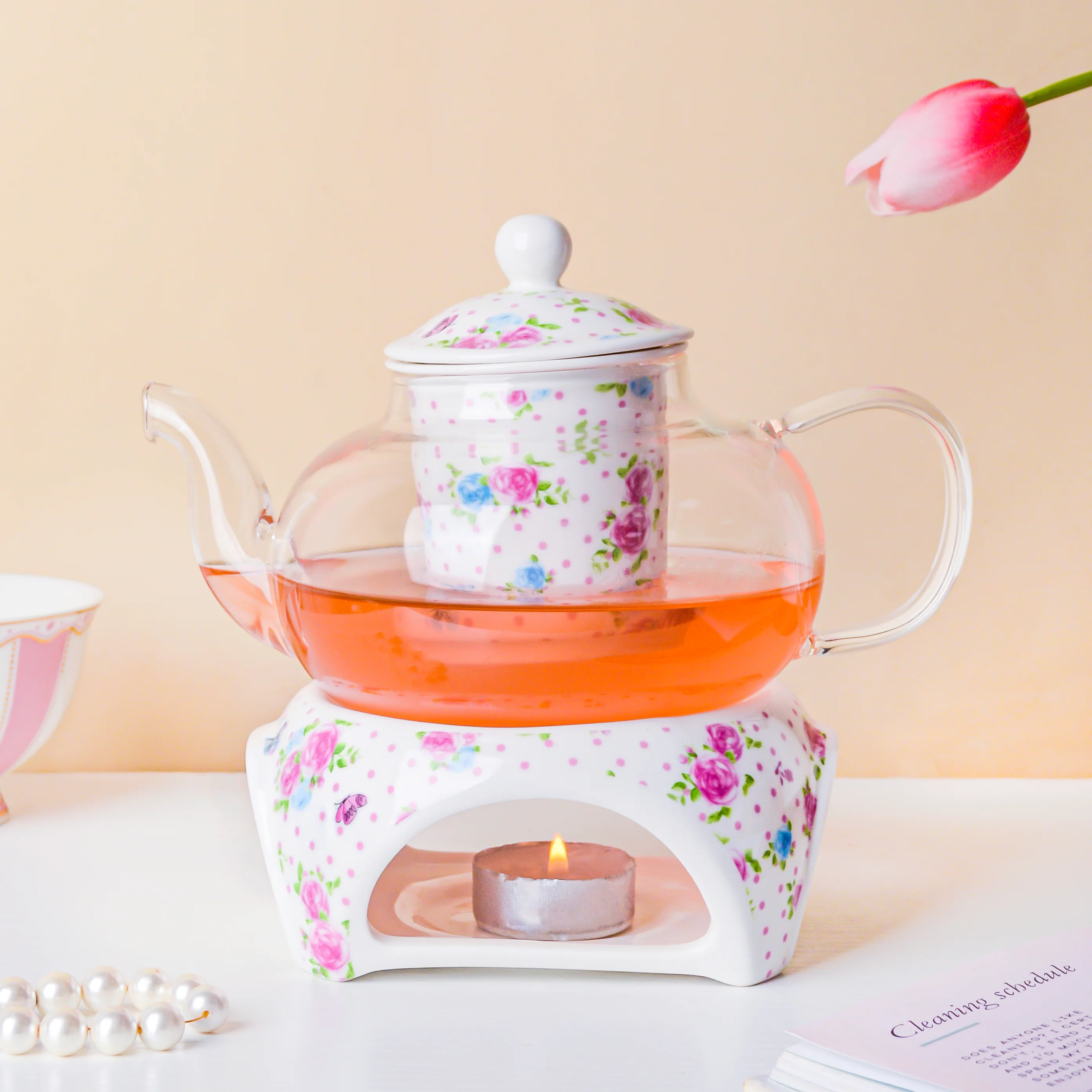 Magnolia Pink And Blue Glass Teapot With Warmer Base 700 ml - Image 11