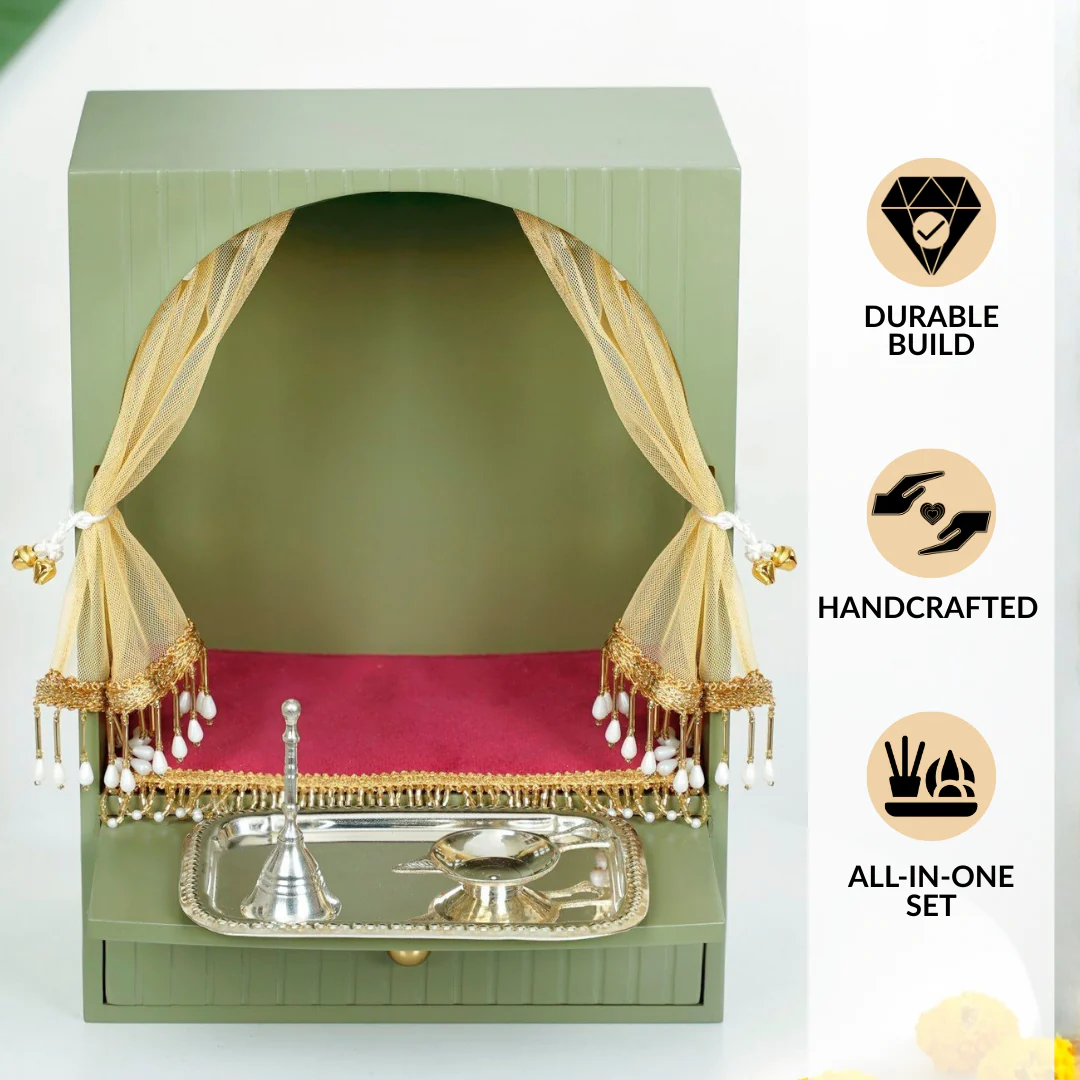 Mahima Wall Mountable Pooja Mandir Small With Aasan Thali And Curtain Set - Image 2