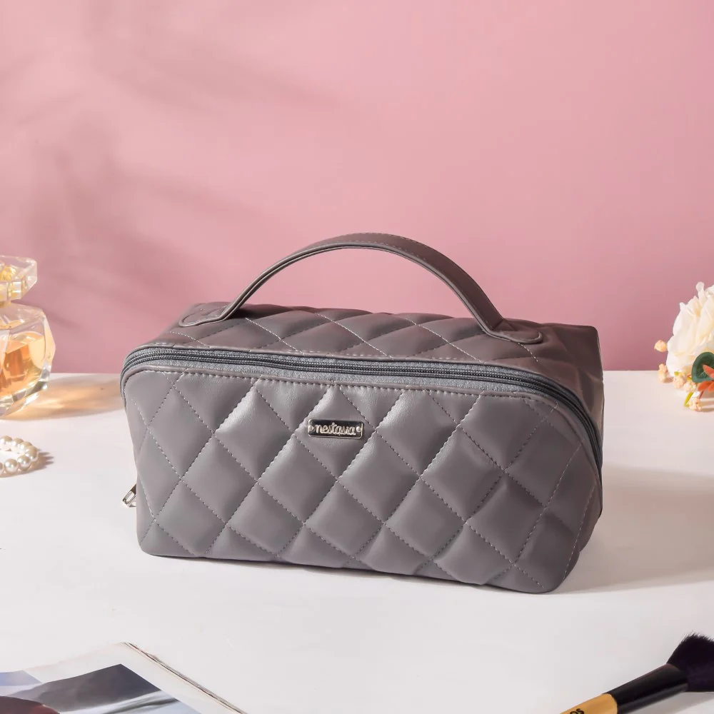 Makeup Pouch Large Capacity Quilted Grey