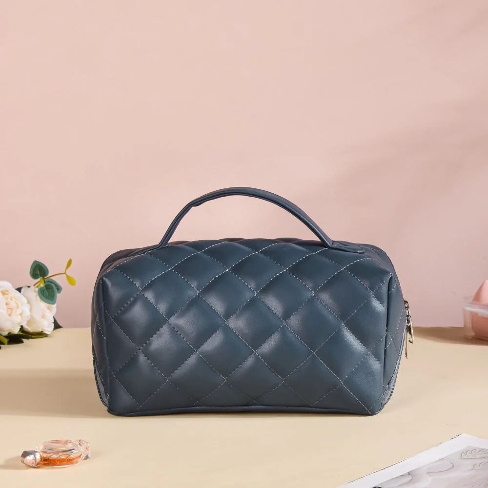 Makeup Pouch With Diagonal Side Zip Blue Grey Large - Image 13