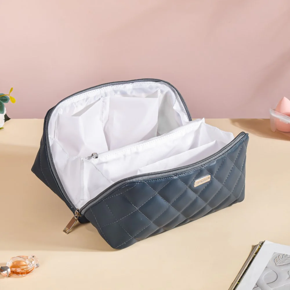 Makeup Pouch With Diagonal Side Zip Blue Grey Large - Image 3