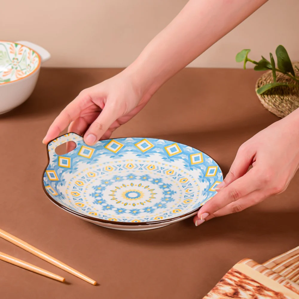 Mandala Blue Ceramic Round Plate With Handle - Image 2