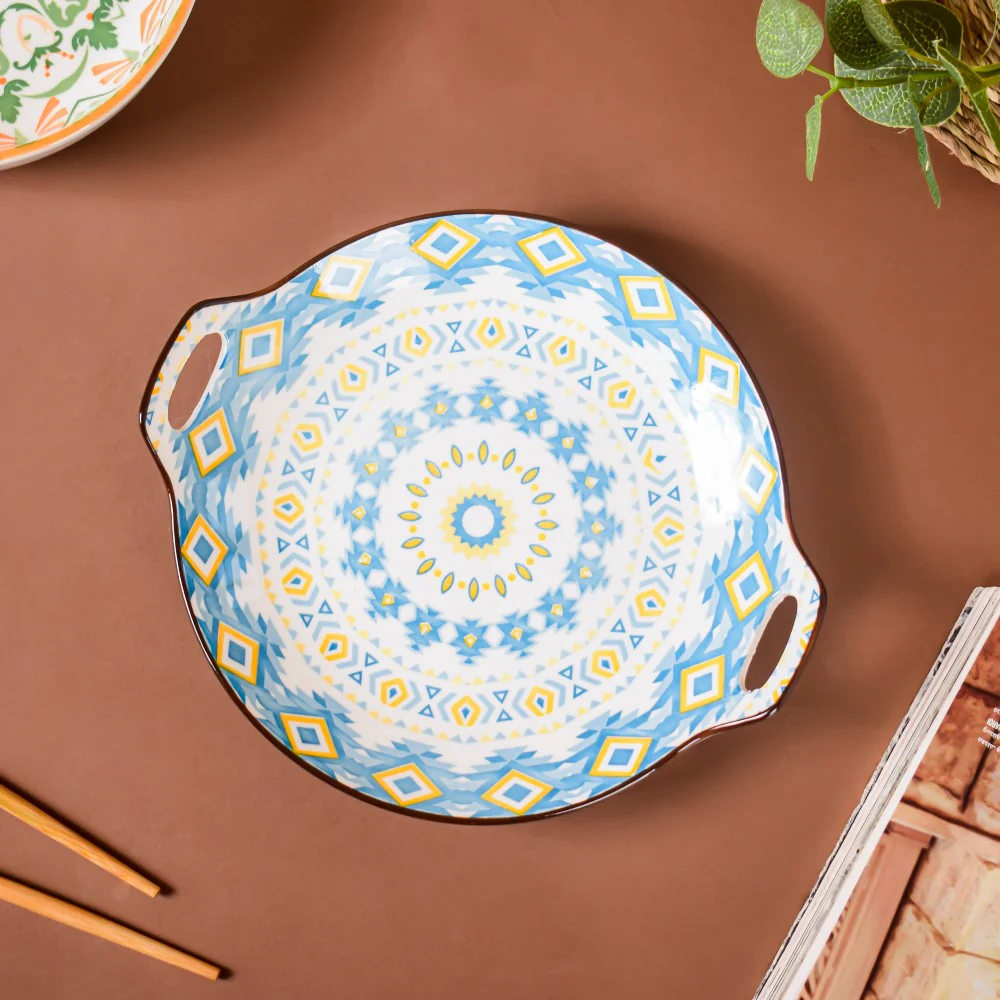 Mandala Blue Ceramic Round Plate With Handle - Image 3