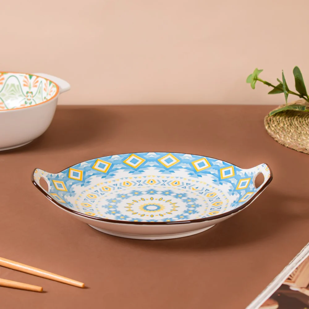 Mandala Blue Ceramic Round Plate With Handle - Image 5