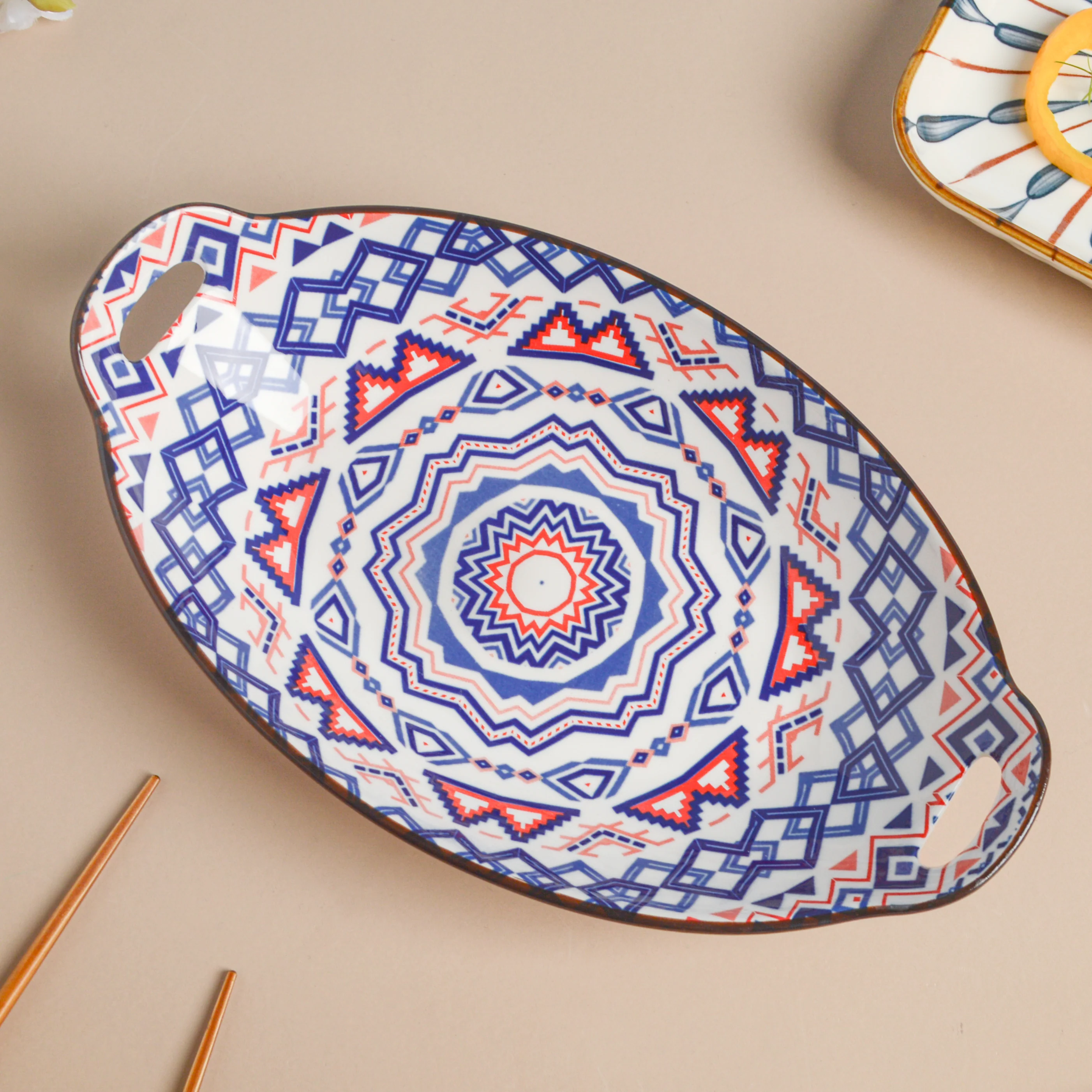 Mandala Blue Ceramic Baking Plate With Handle