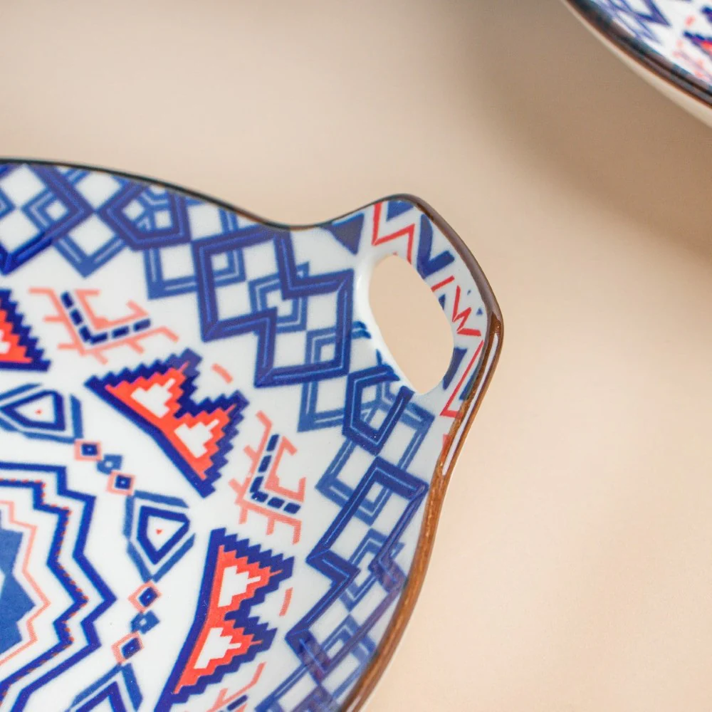 Mandala Blue Round Platter With Handle - Image 5