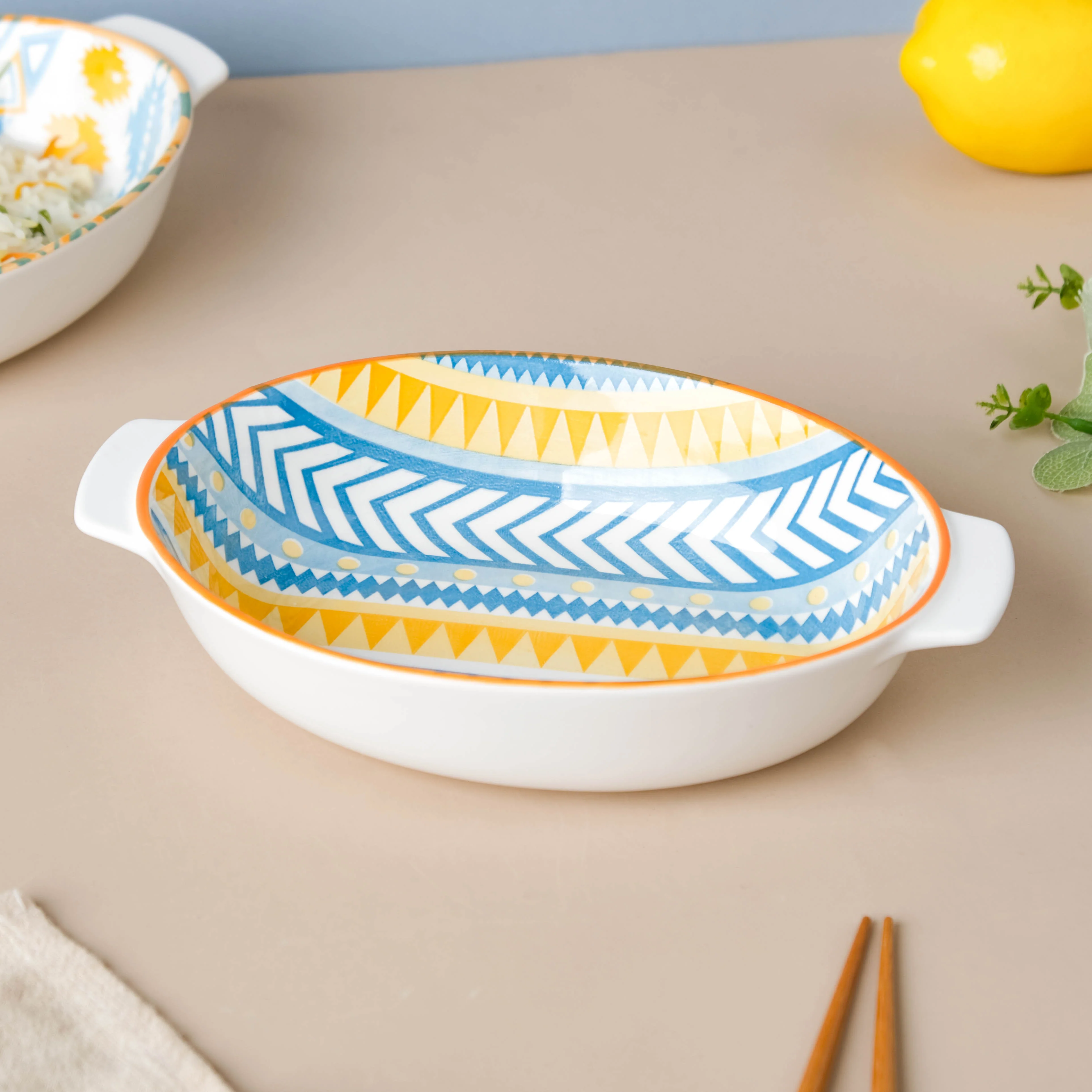 Mandala Chevron Baking Bowl With Handle 9 inch