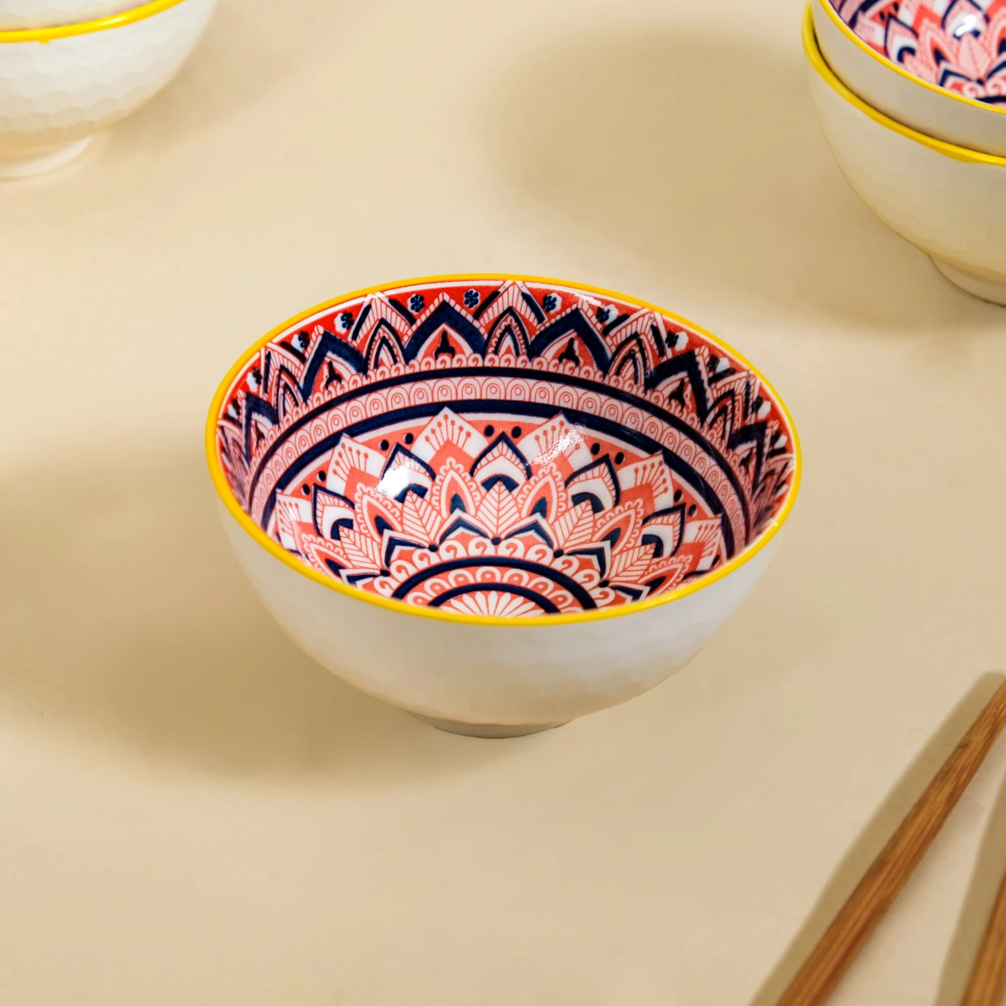 Mandala Floral Ceramic Bowl And Chopstick Multicolour Set Of 6 - Image 6