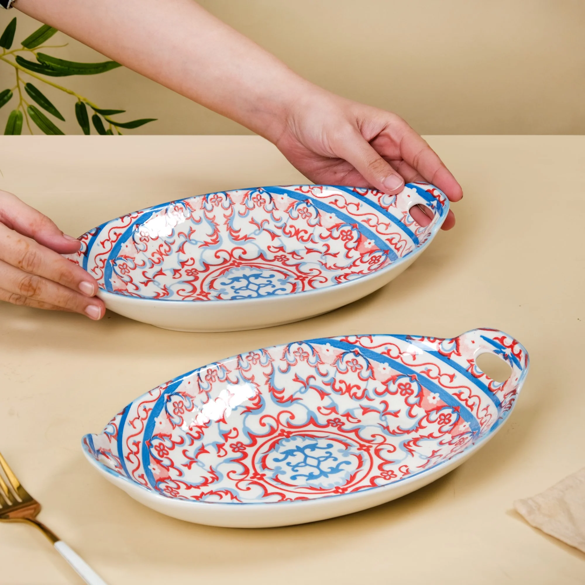 Mandala Long Dish Red And Blue Set Of 2 - Image 2