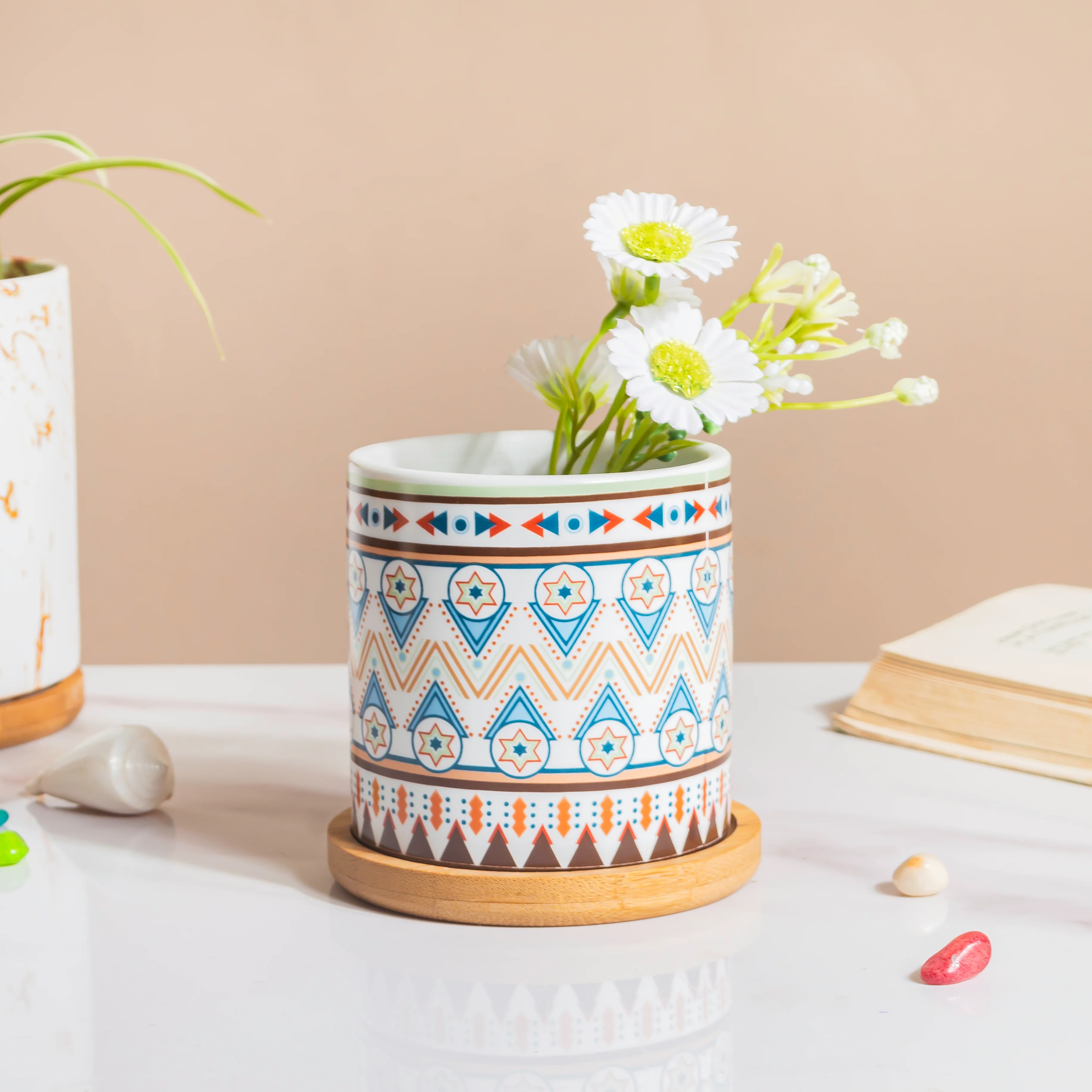Mandala Print Ceramic Planter Blue With Wooden Coaster - Image 2