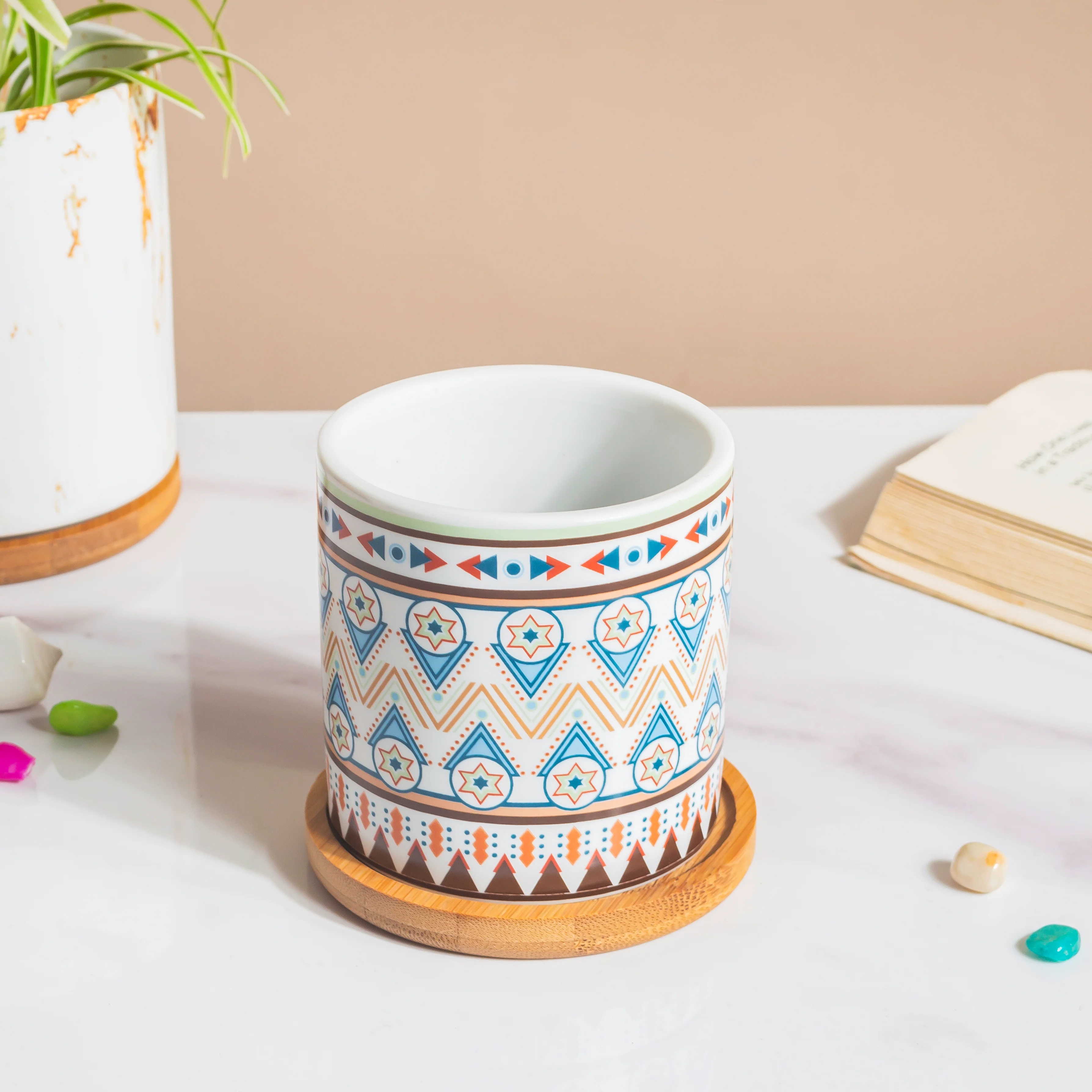 Mandala Print Ceramic Planter Blue With Wooden Coaster - Image 4