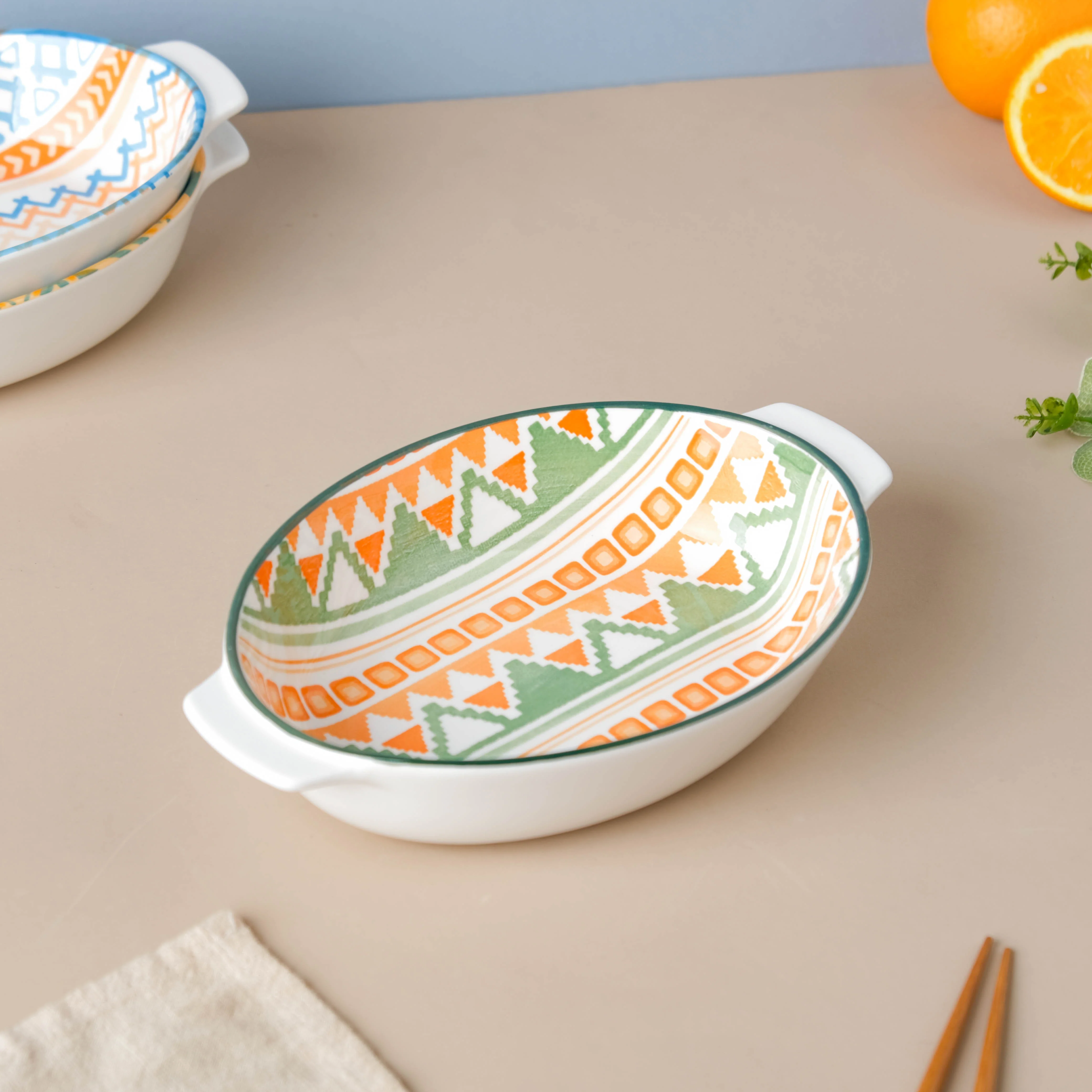 Mandala Temple Ceramic Baking Dish With Handle 9 inch