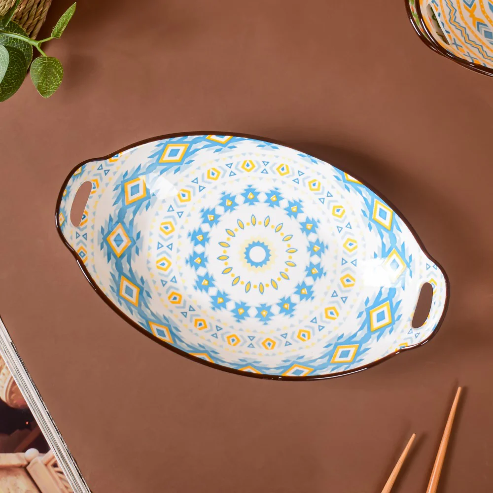 Mandala Yellow Diamond Ceramic Baking Plate With Handle - Image 4