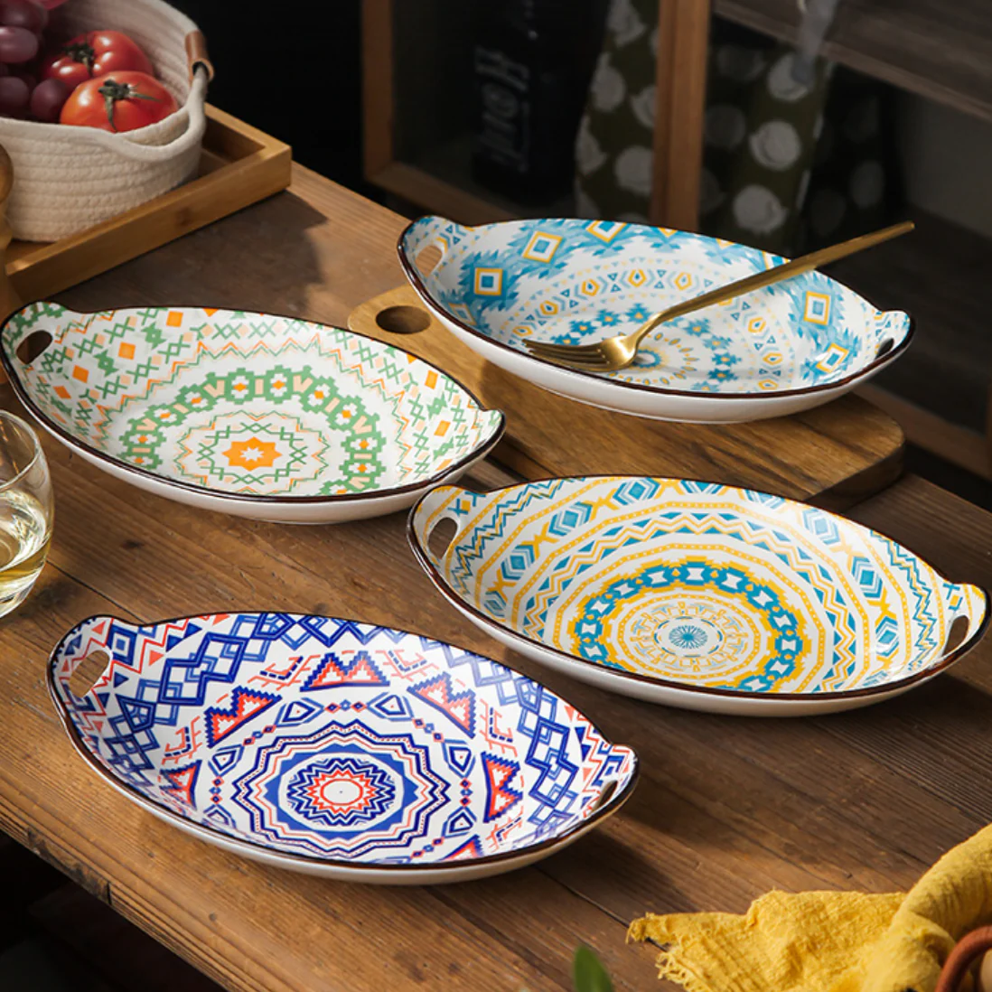Mandala Yellow Diamond Ceramic Baking Plate With Handle - Image 7