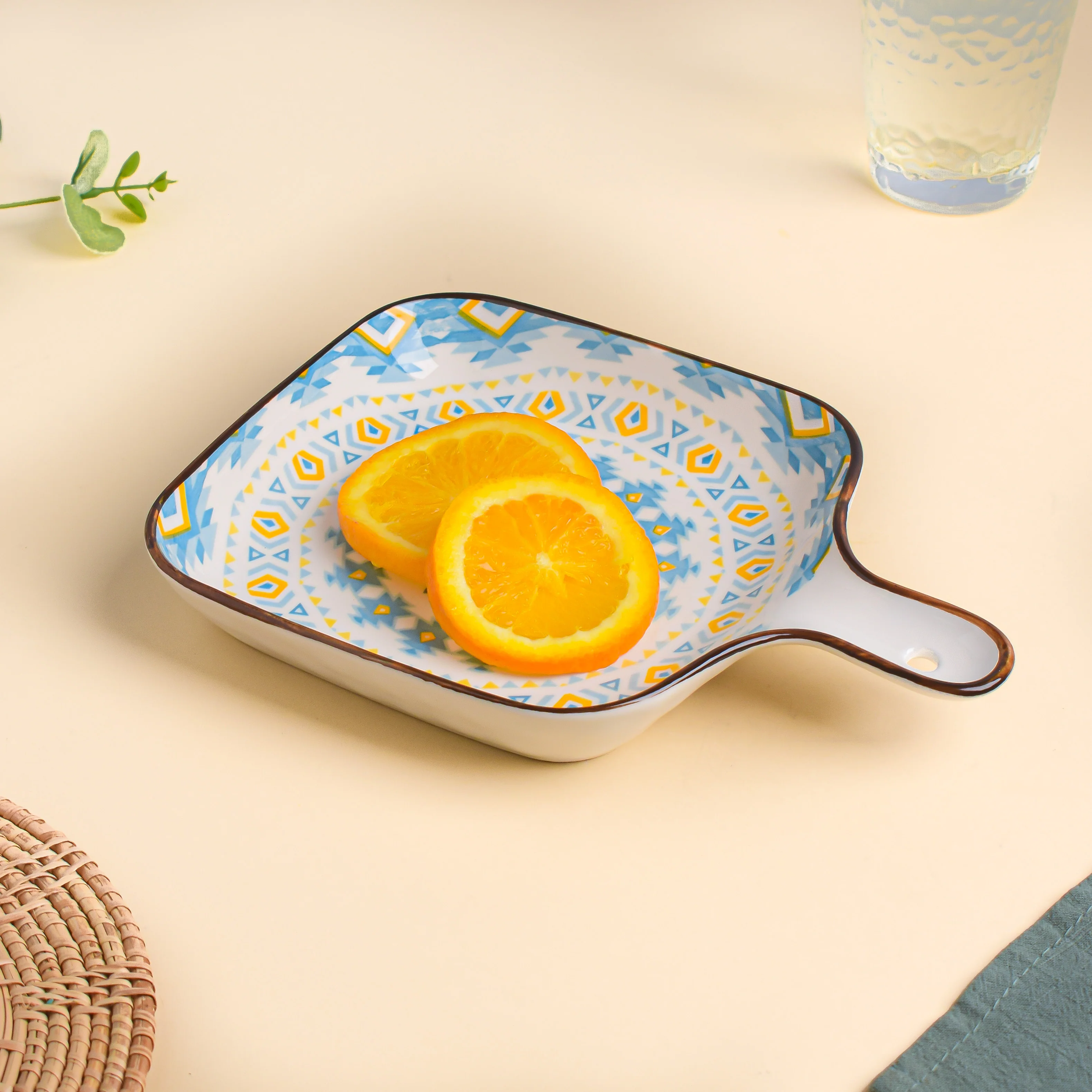 Mandala Yellow Diamonds Square Snack Plate With Handle - Image 3