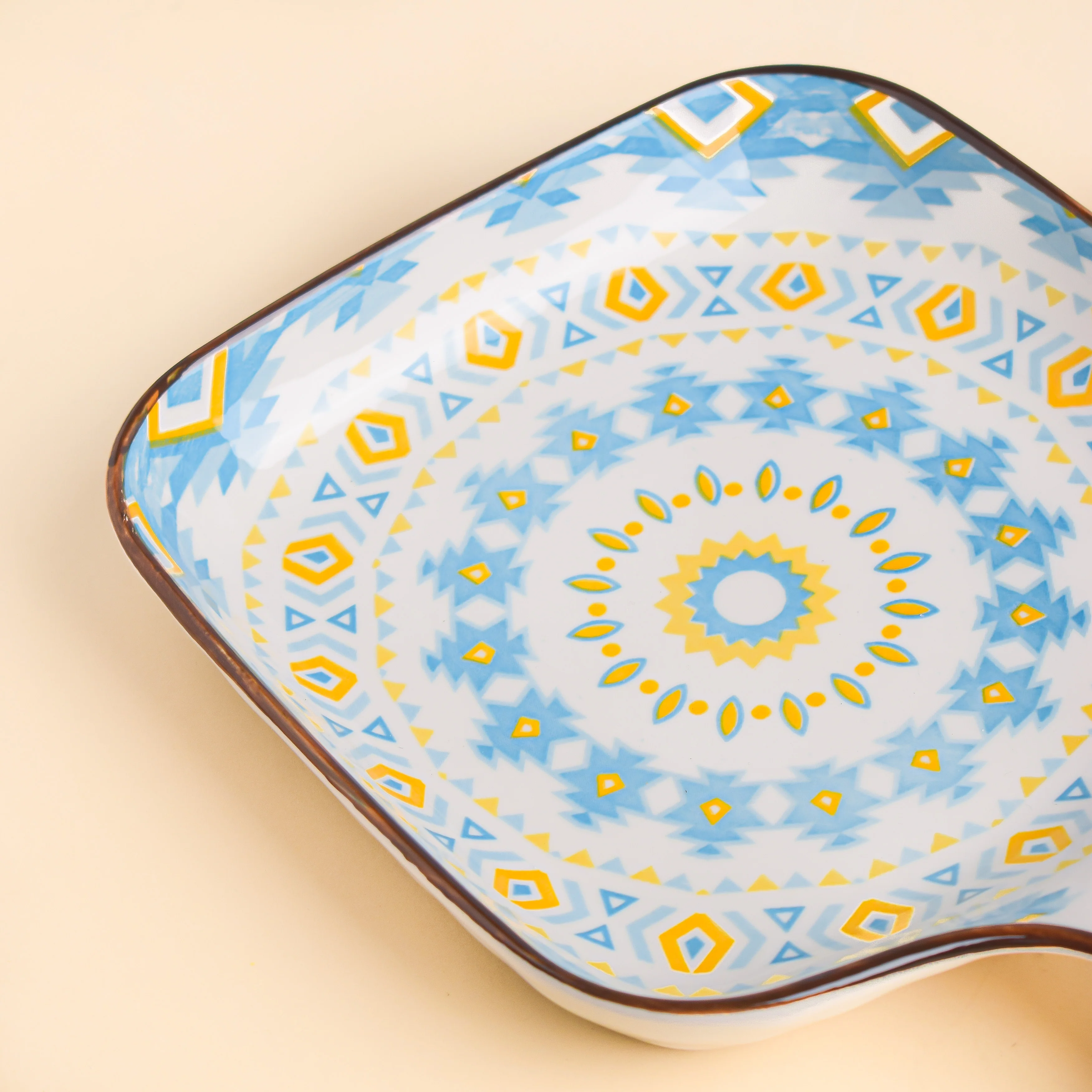 Mandala Yellow Diamonds Square Snack Plate With Handle - Image 4