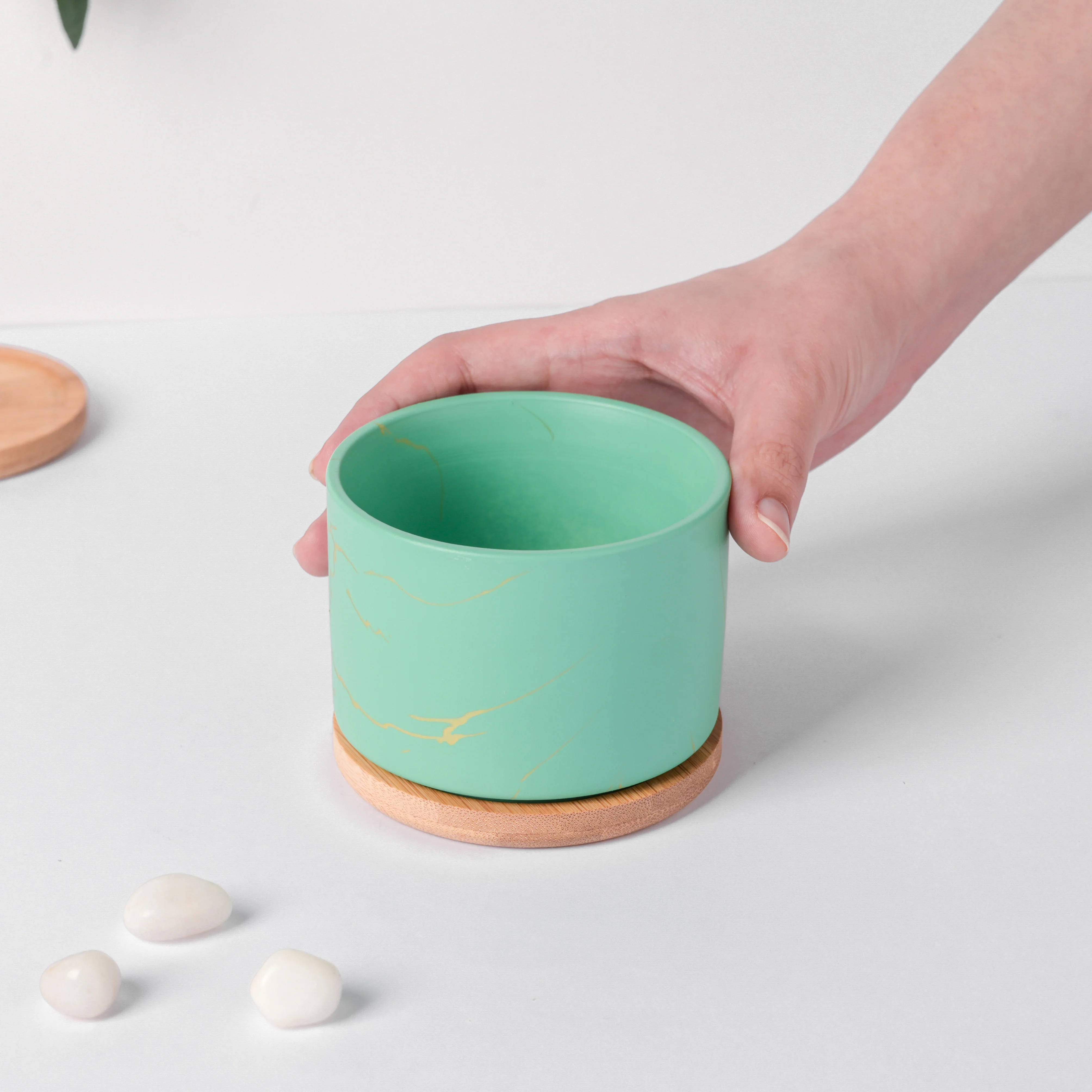 Maple Green Ceramic Planter With Coaster - Image 3