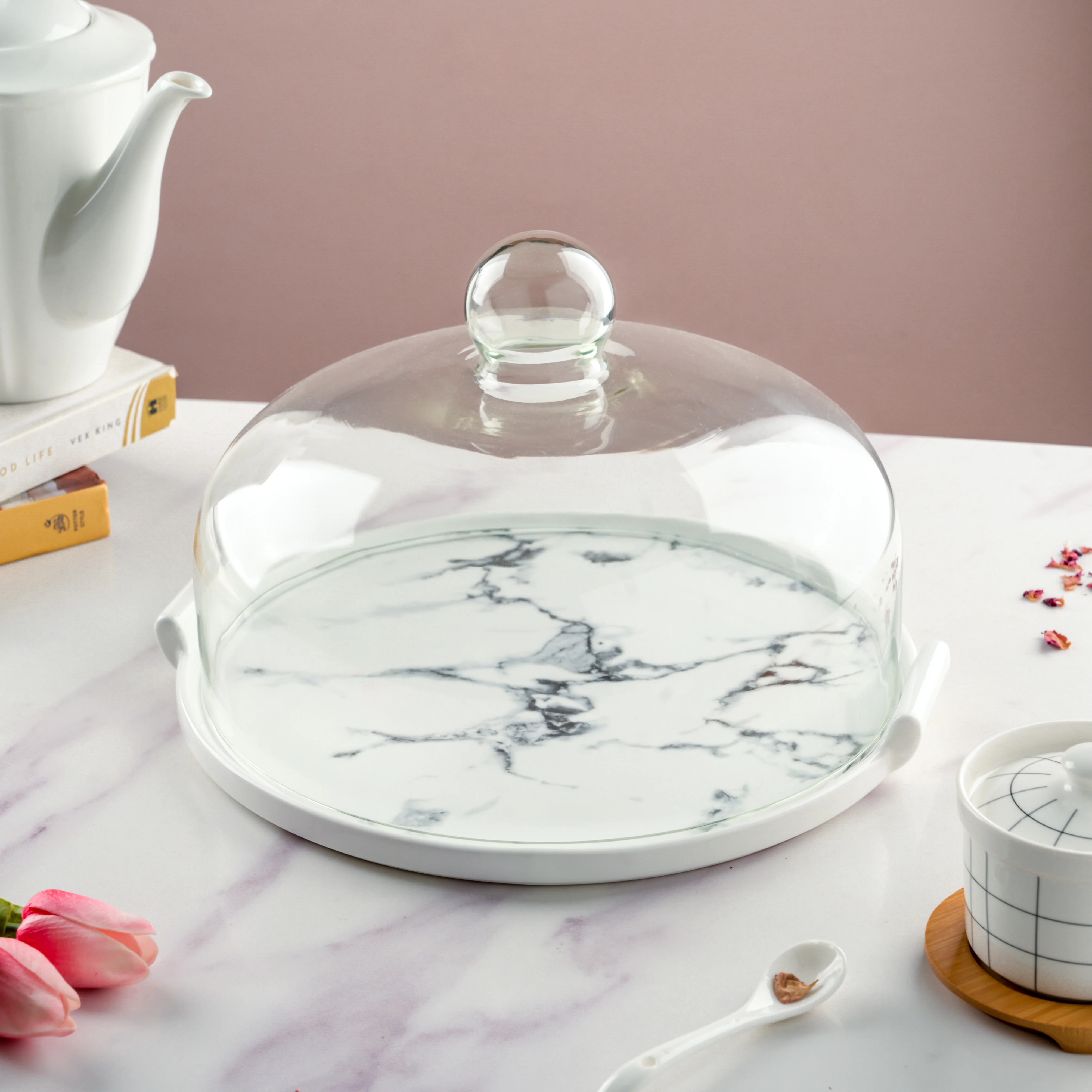 Marble Cake Plate With Cover 11.5 Inch - Image 4