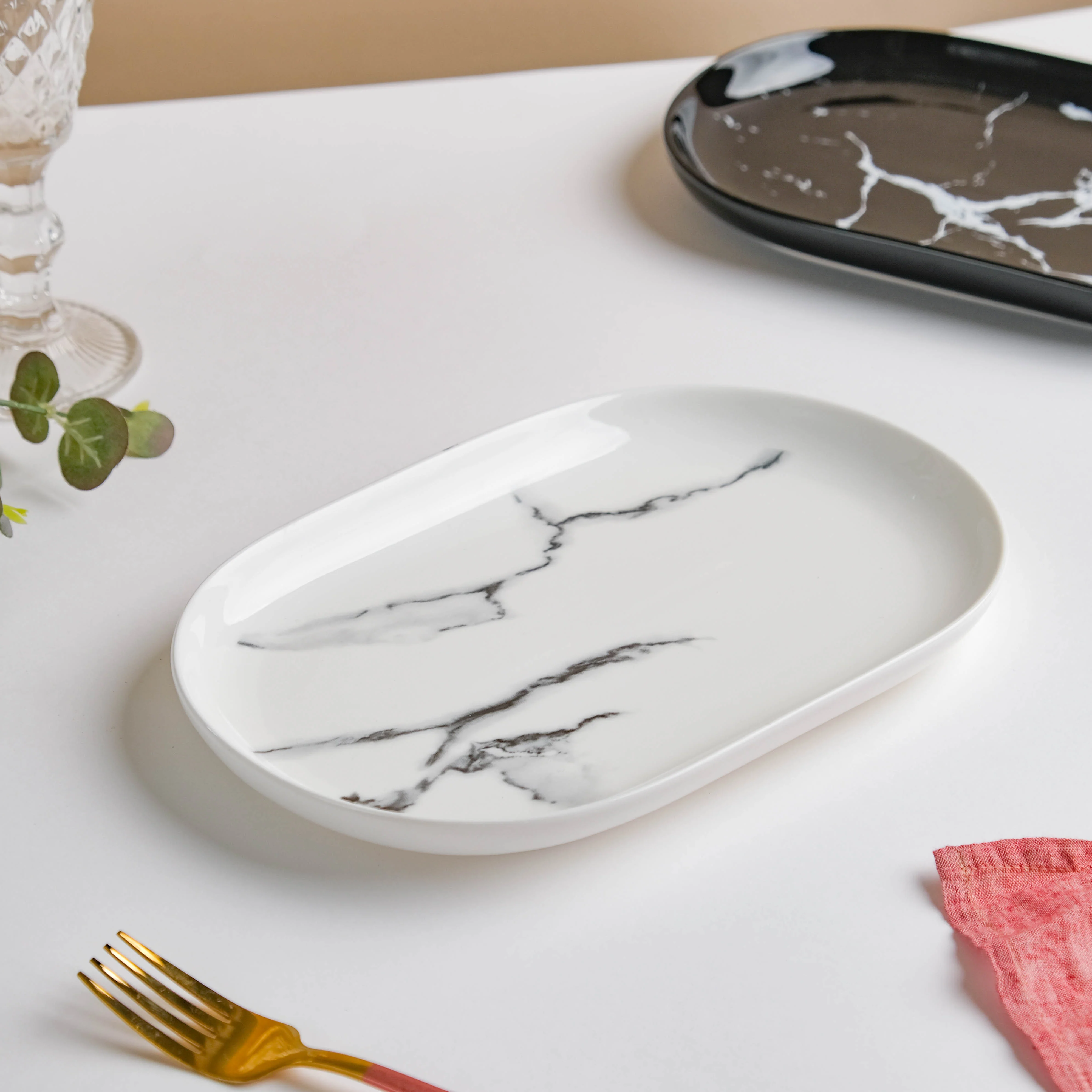 Marble Patterned Oval White Platter 10 Inch - Image 3