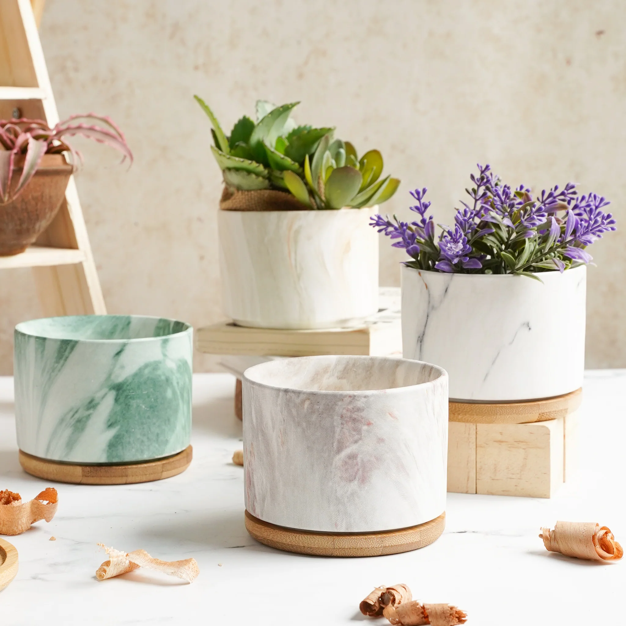 Marbleous Ceramic Flower Planter With Coaster Set Of 4 - Image 2