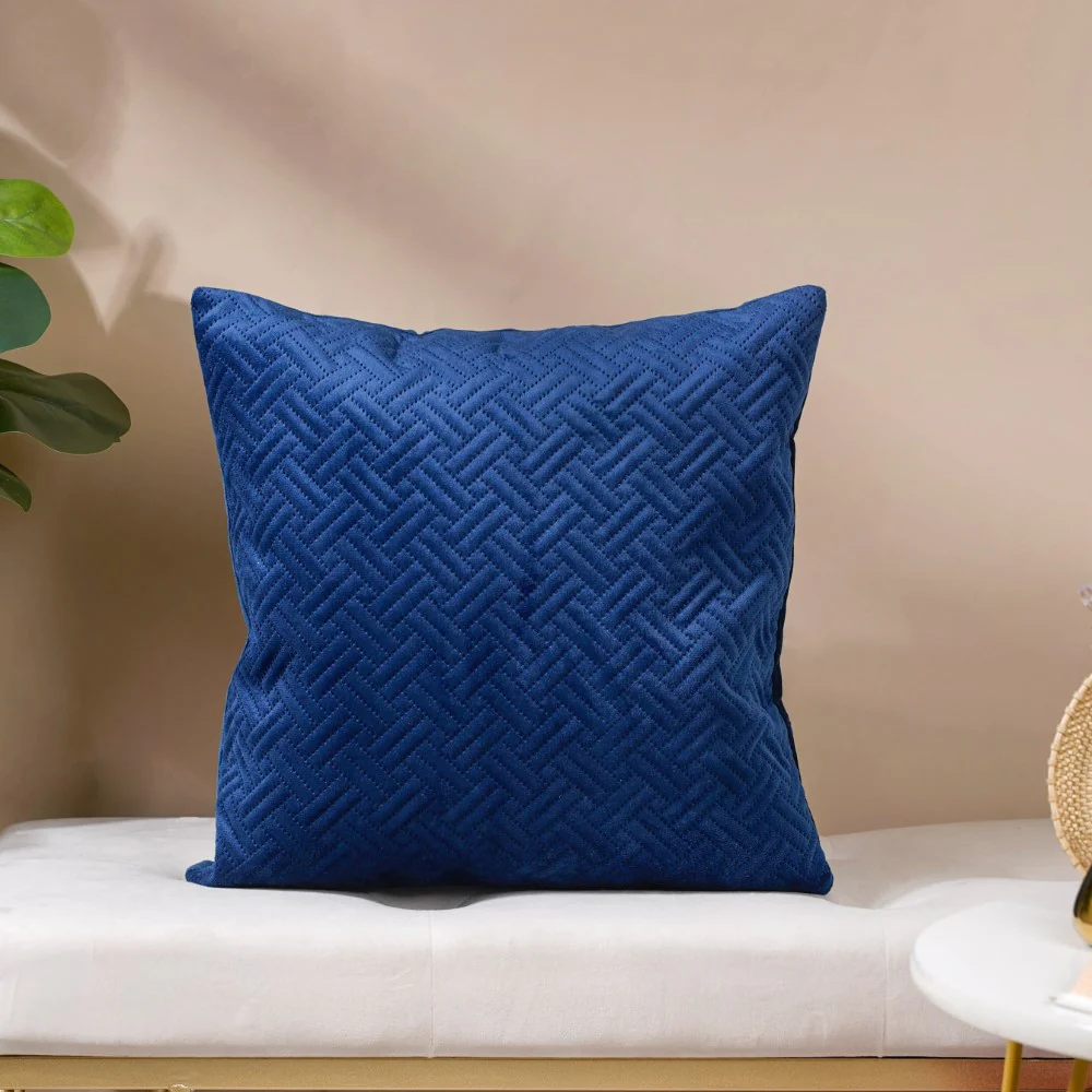 Marilee Blue Quilted Velvet Cushion Cover 16 x 16 Inch